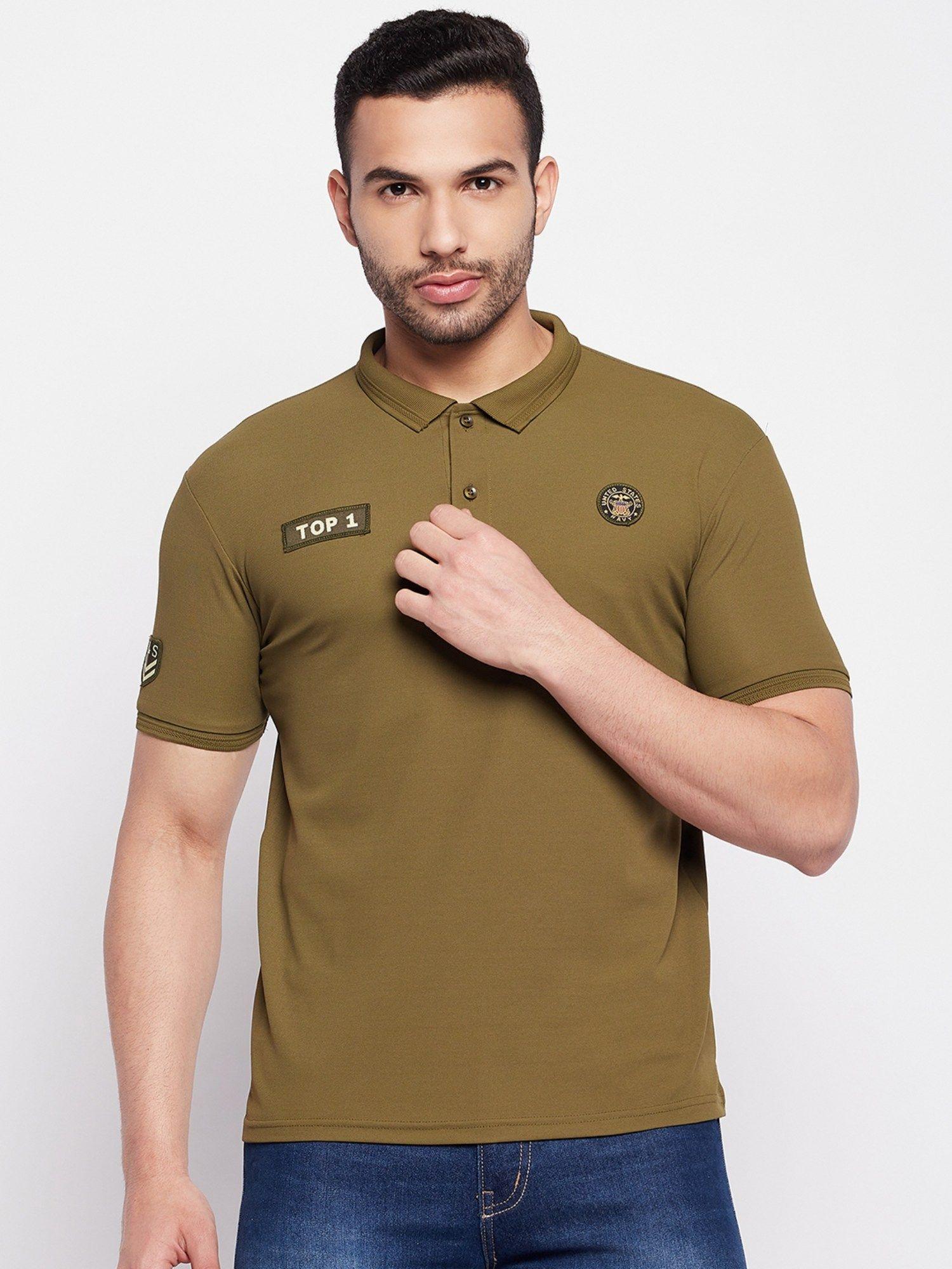 men's olive printed polo neck t-shirt