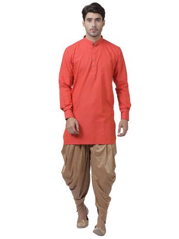 men's orange cotton blend kurta and dhoti (set of 2)