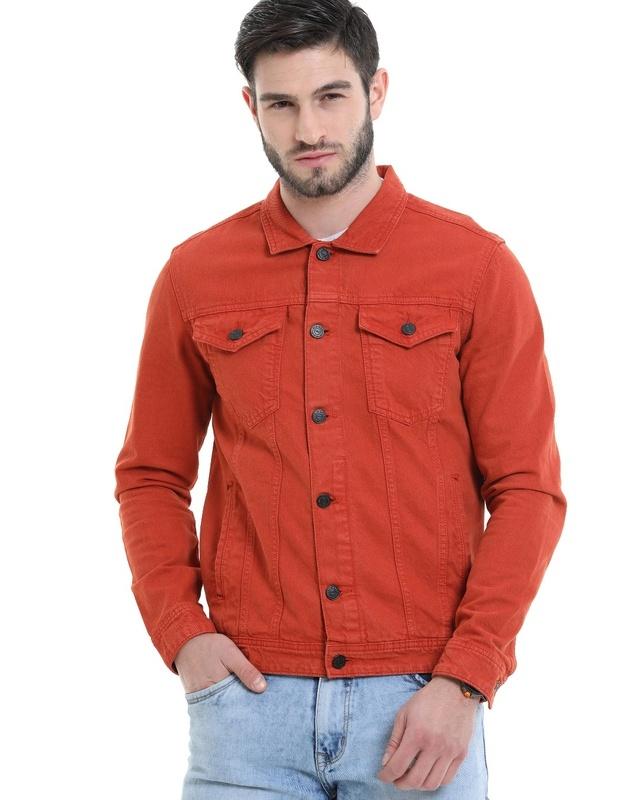 men's orange denim jacket