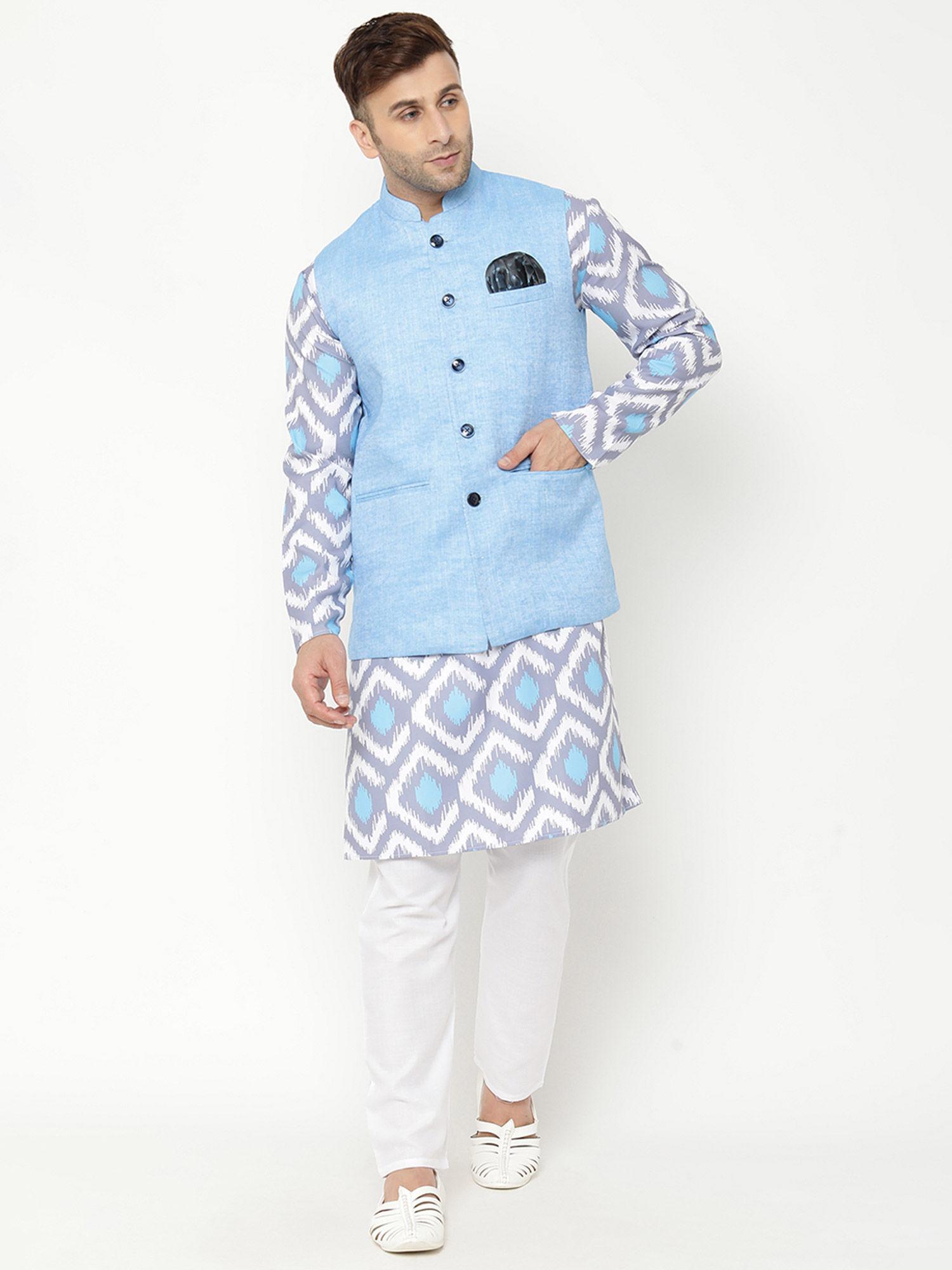 men's party blue printed kurta (set of 3)