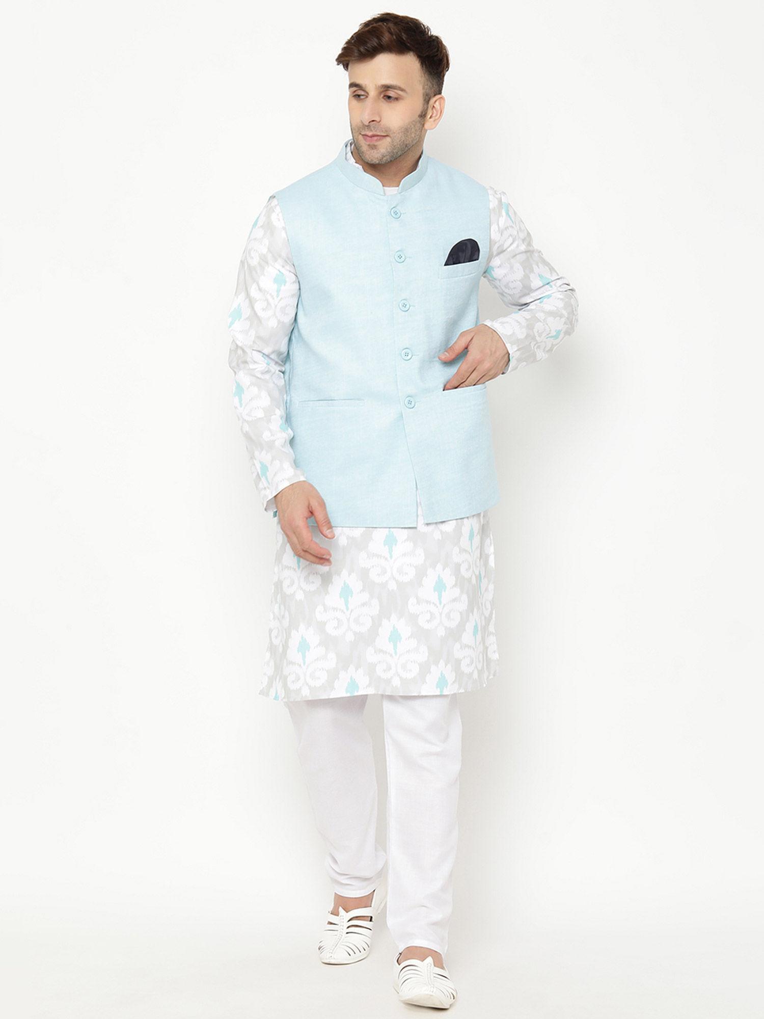 men's party cream printed kurta (set of 3)