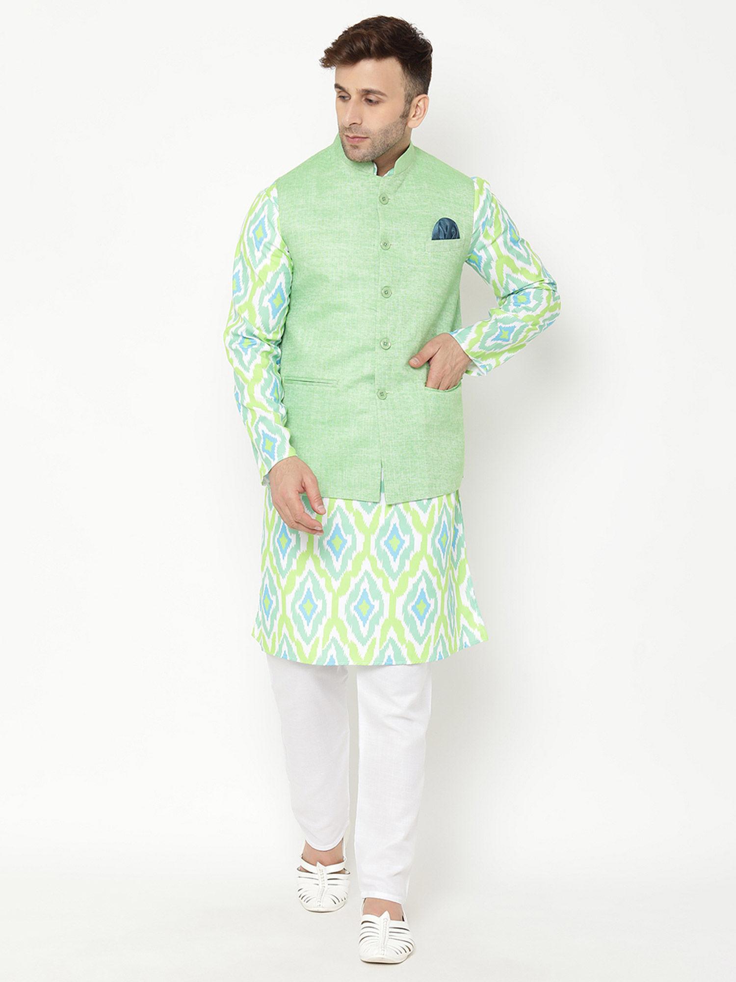 men's party green printed kurta (set of 3)