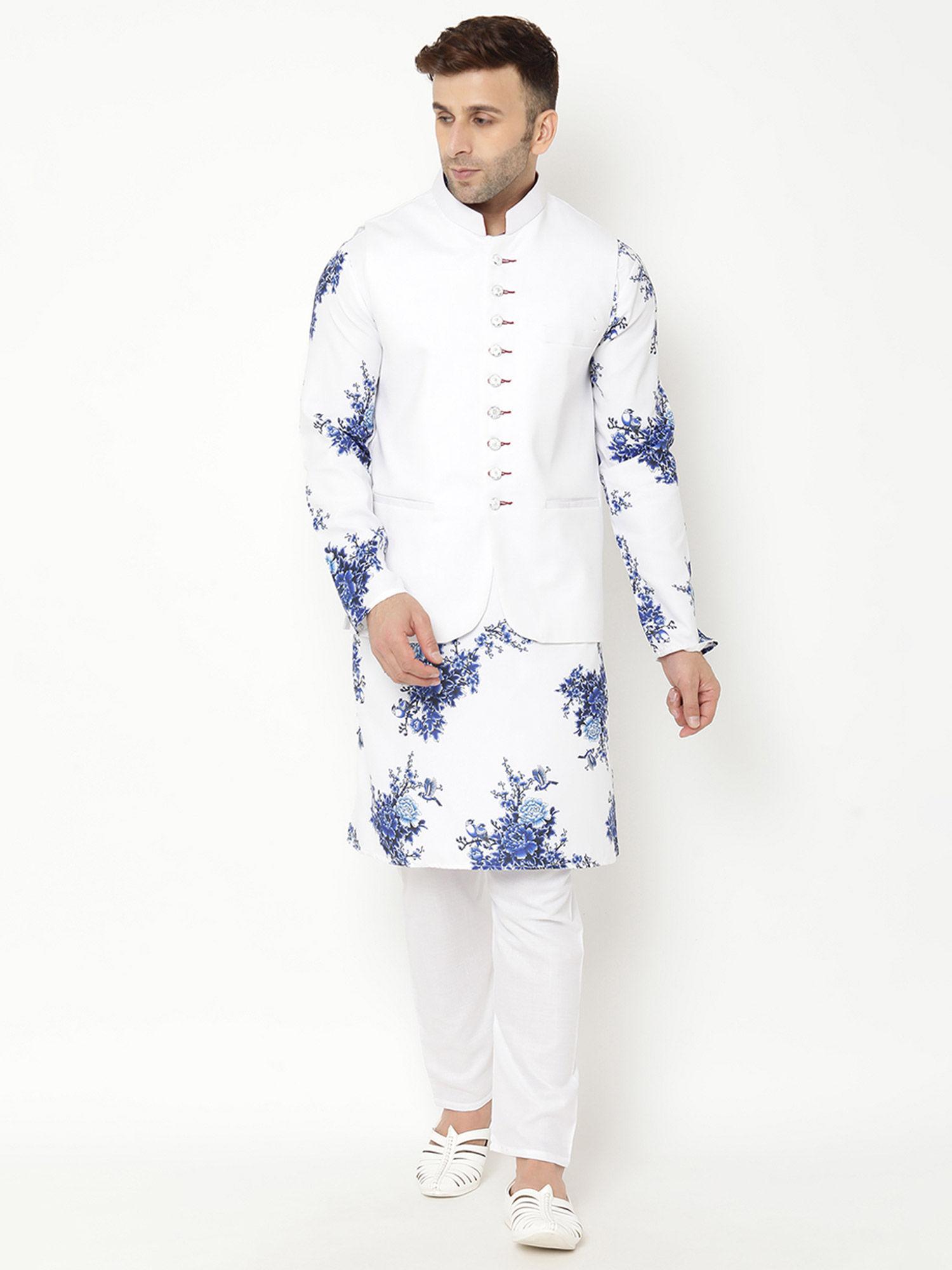 men's party white printed kurta (set of 3)