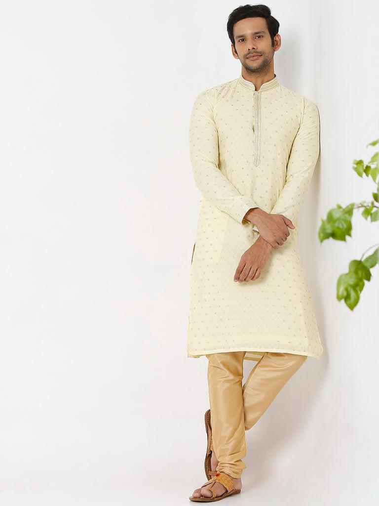 men's peach and yellow polyester froral kurta & pyjama sets