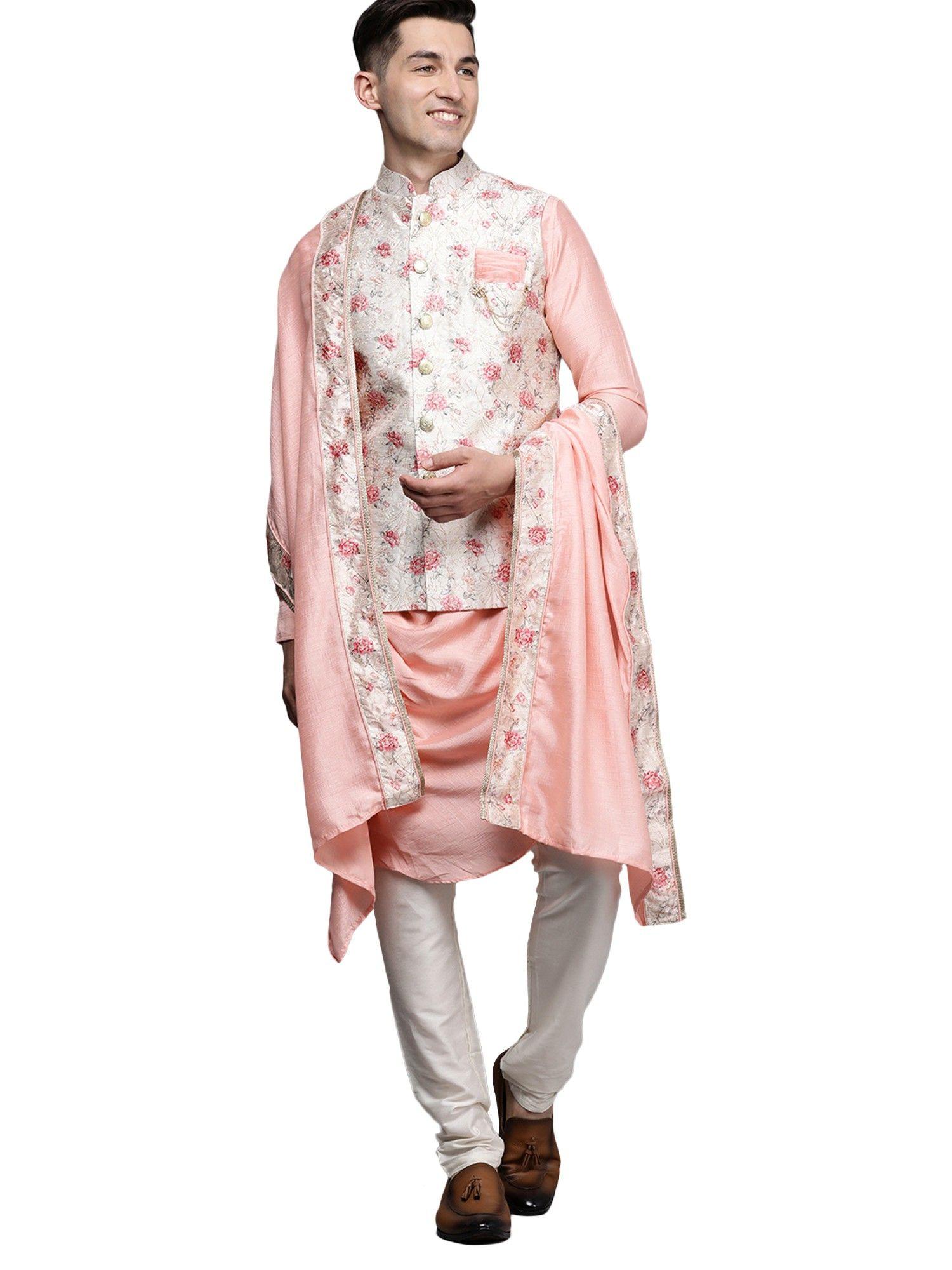 men's peach art silk festive wear kurta jacket pyjama (set of 3)