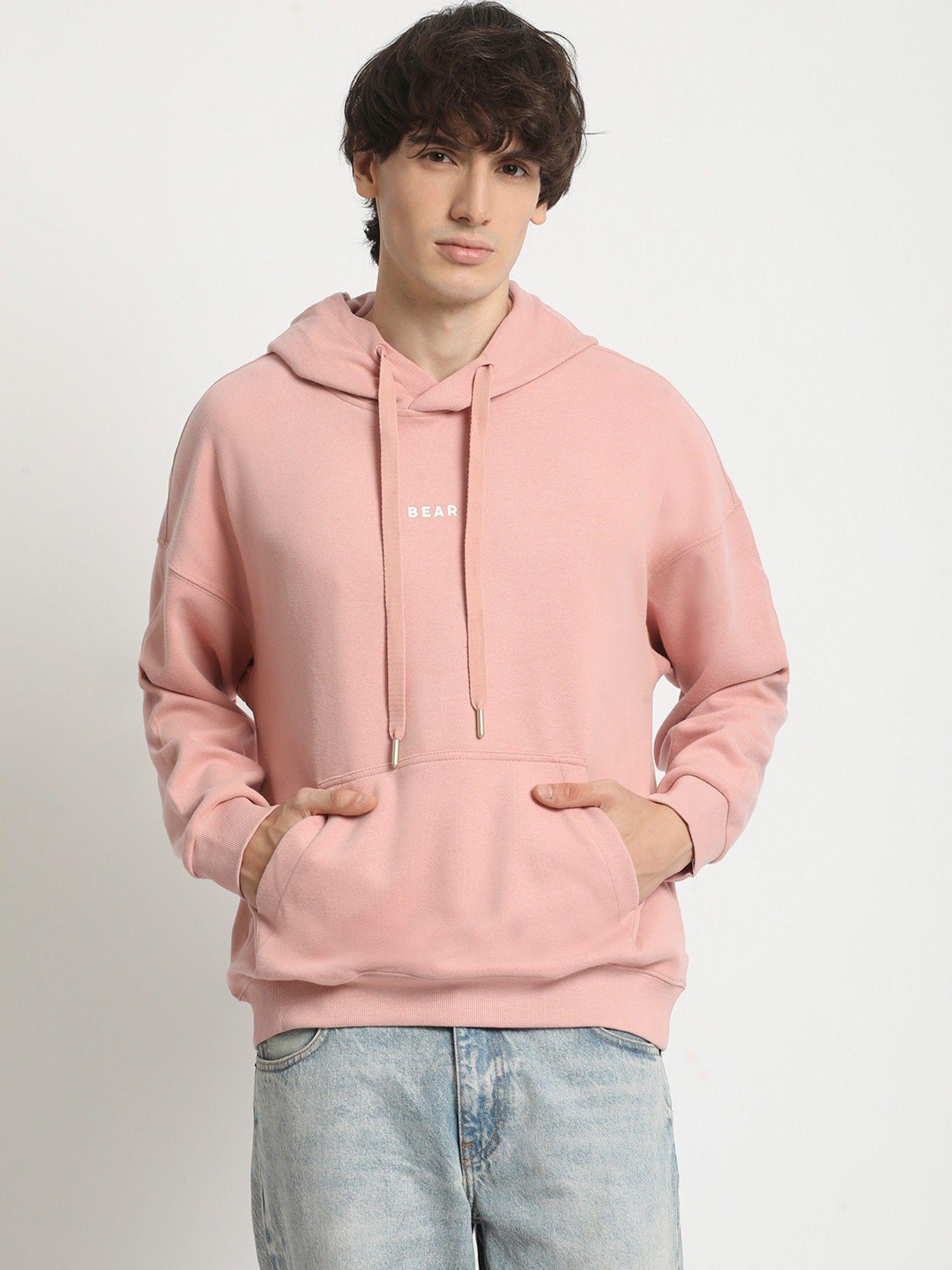 men's peach solid regular fit hooded sweatshirt