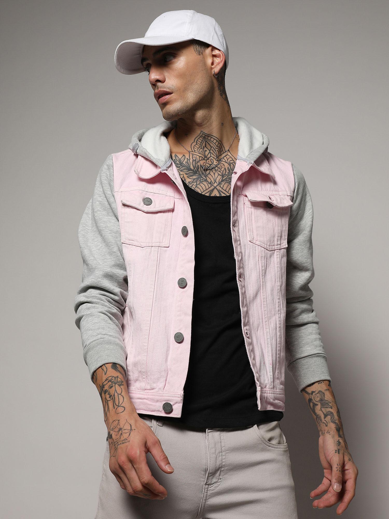 men's pink & grey medium-wash denim jacket with sweatshirt sleeve