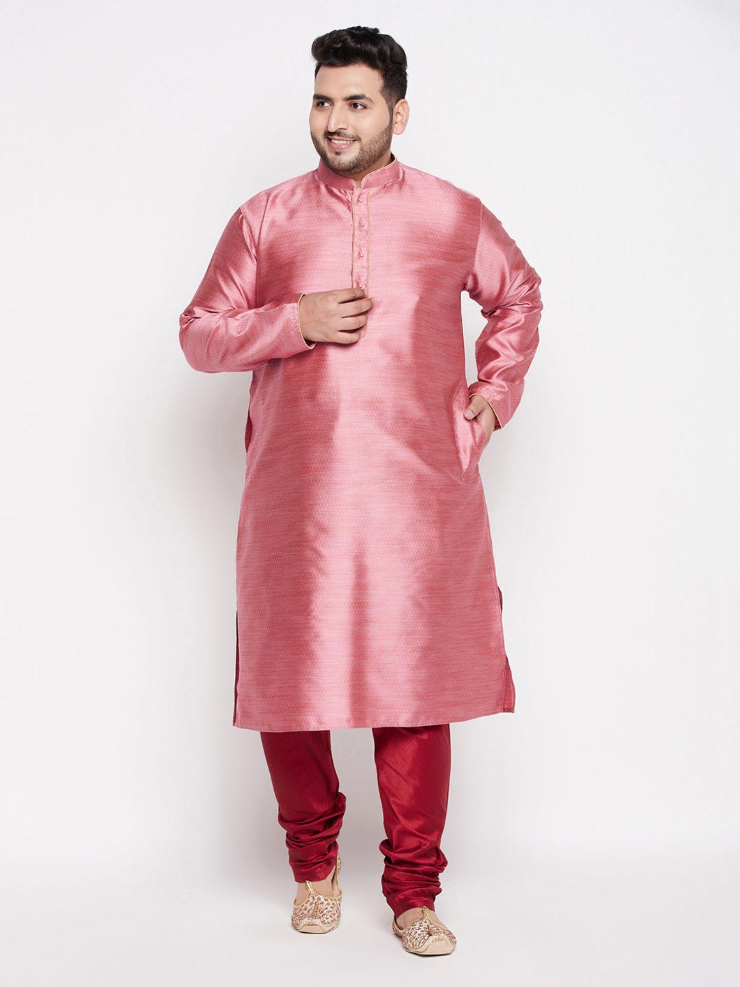 men's pink and maroon silk blend kurta pyjama (set of 2)