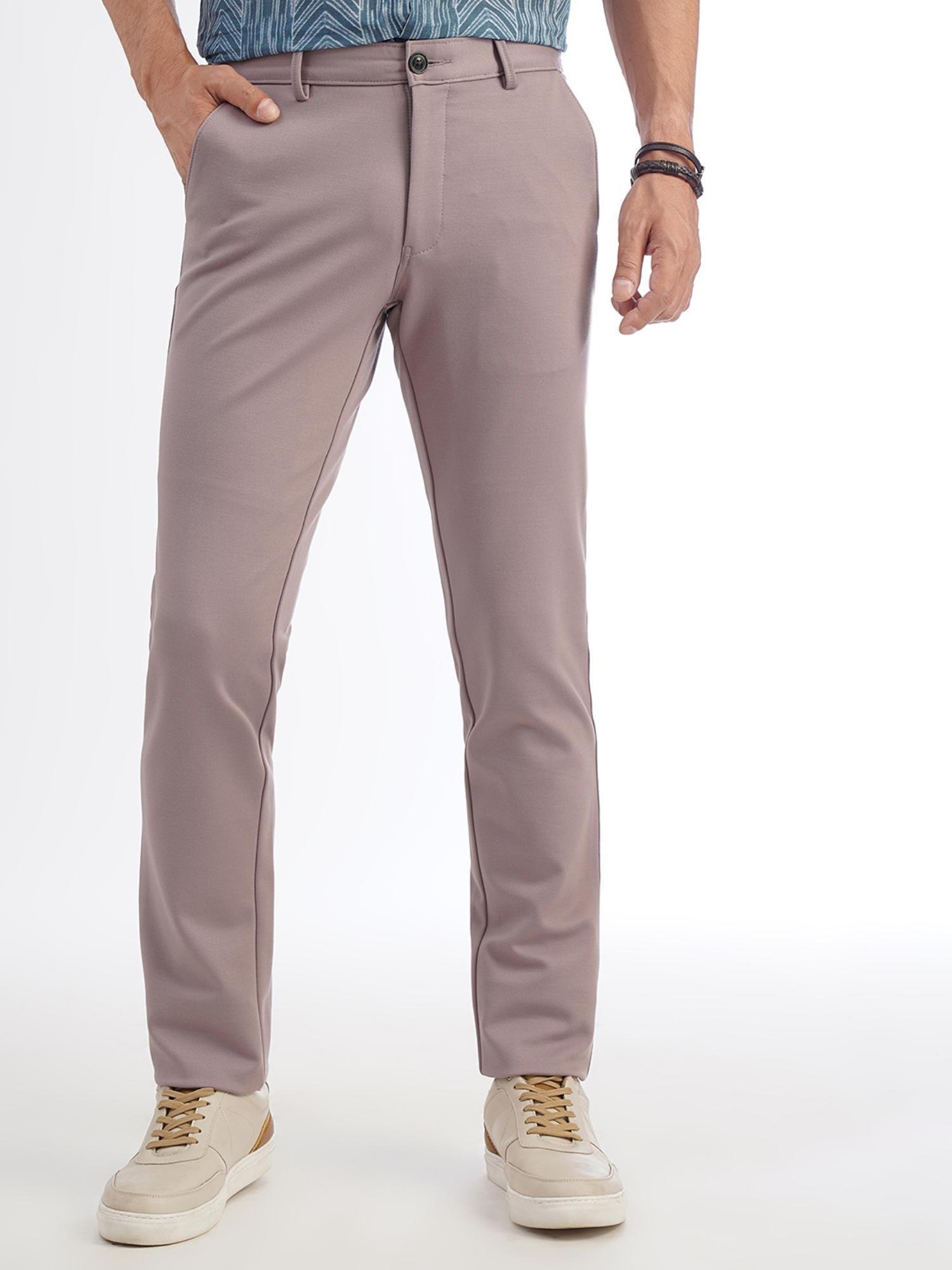 men's pink blended slim fit solid casual trouser