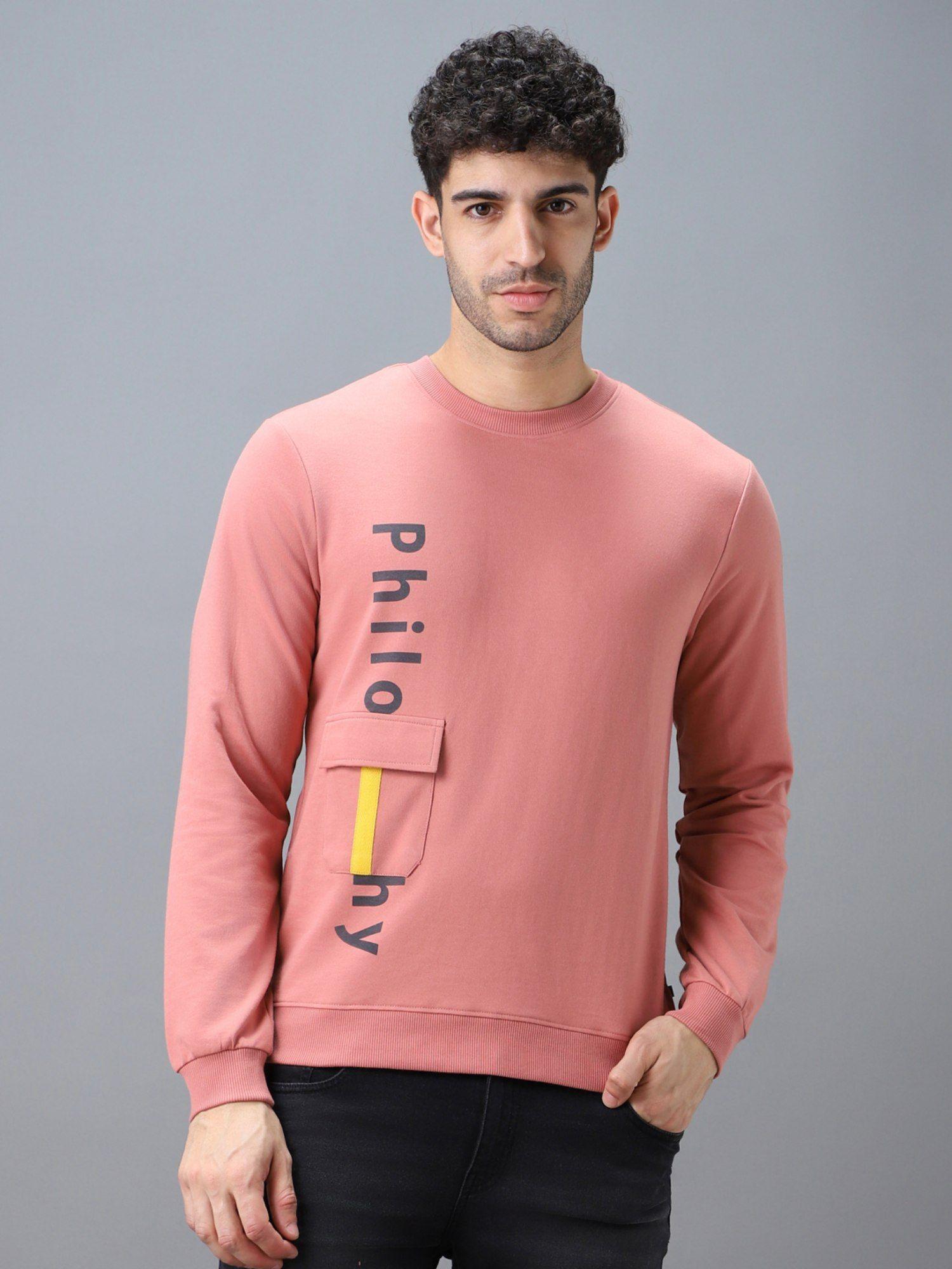 men's pink cotton graphic print round neck sweatshirt