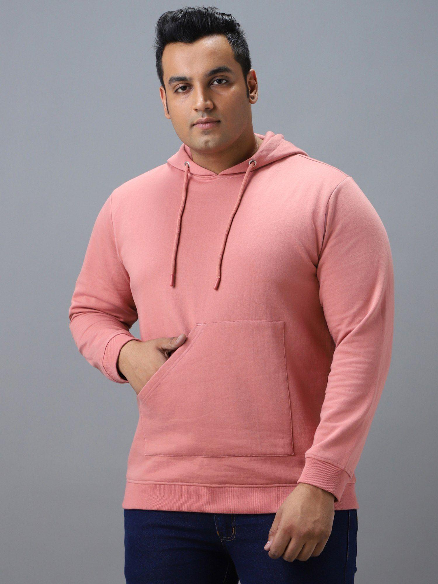 men's pink cotton solid hooded neck sweatshirt