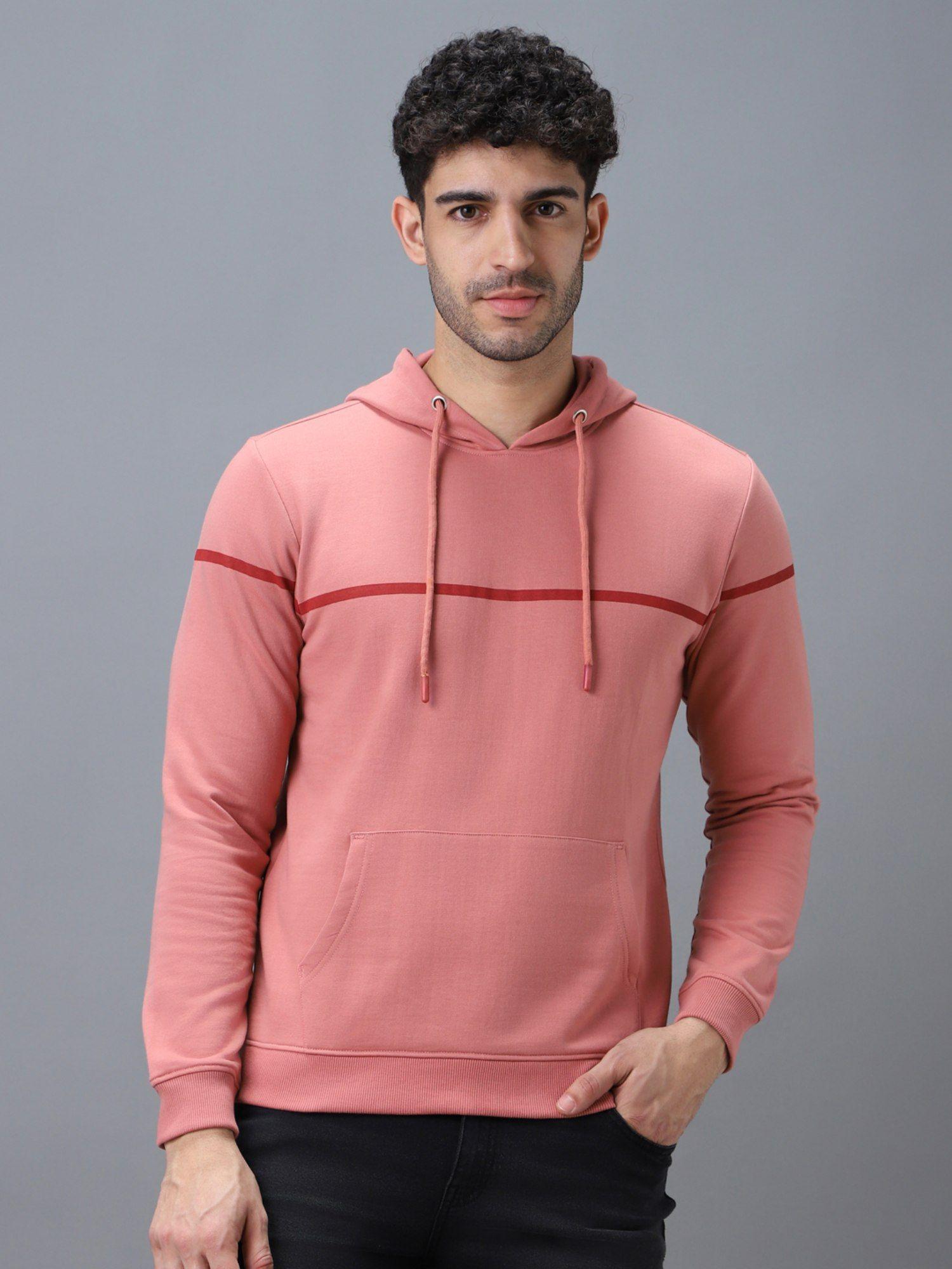 men's pink cotton solid hooded neck sweatshirt