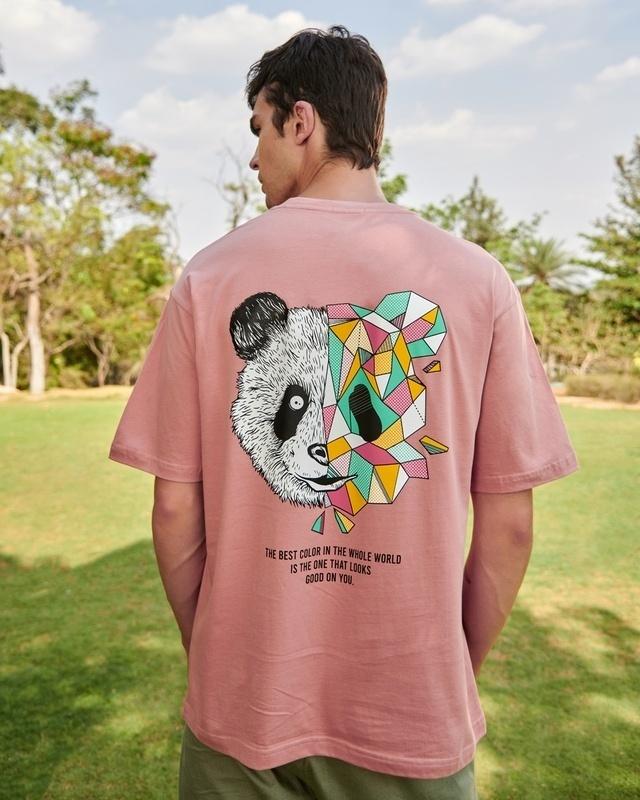 men's pink geo panda graphic printed oversized t-shirt