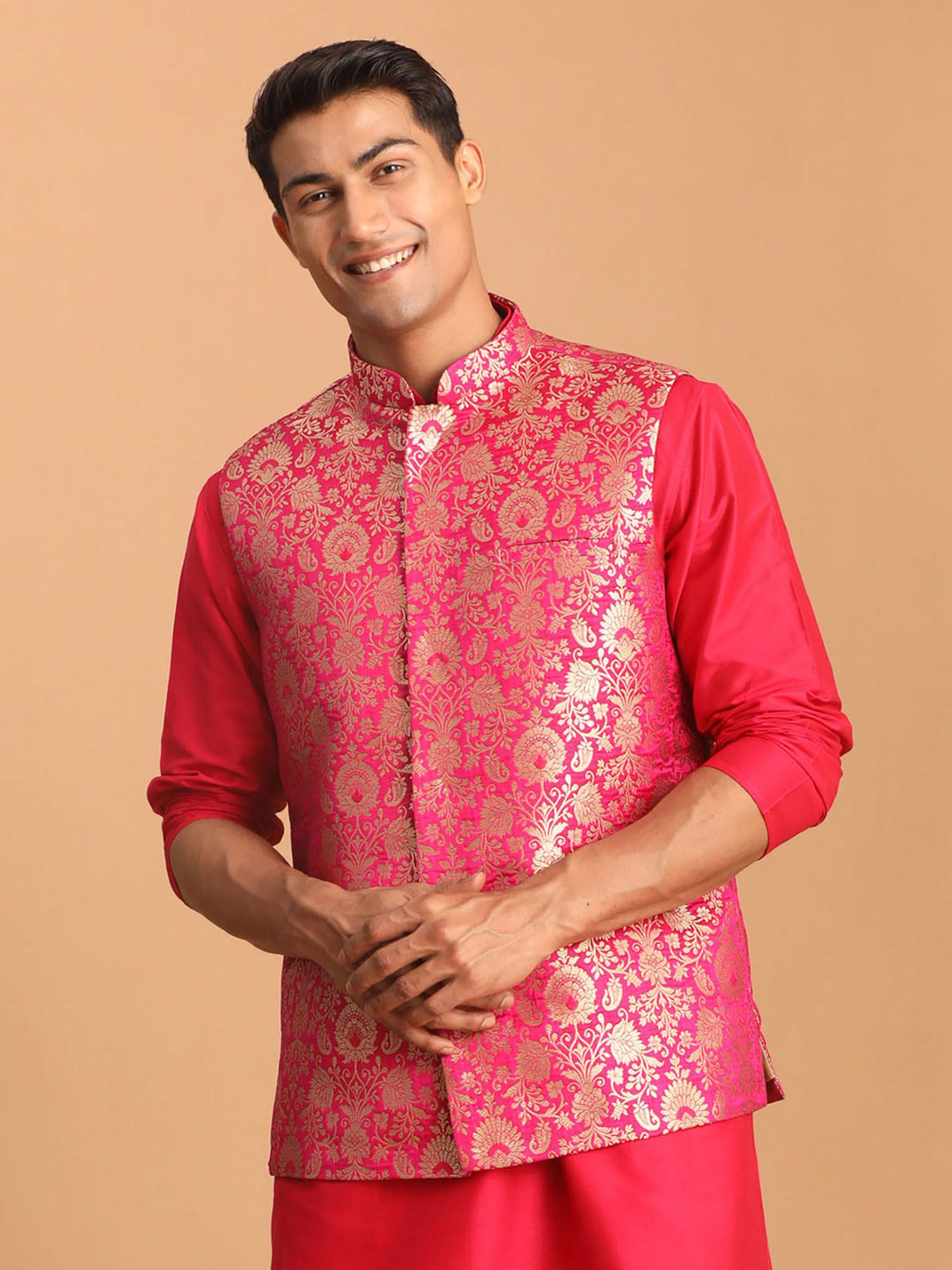 men's pink jacquard nehru jacket