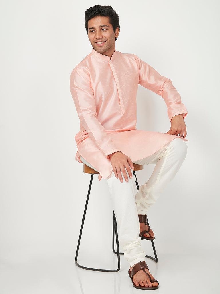 men's pink polyester cotton solid kurta churidar sets