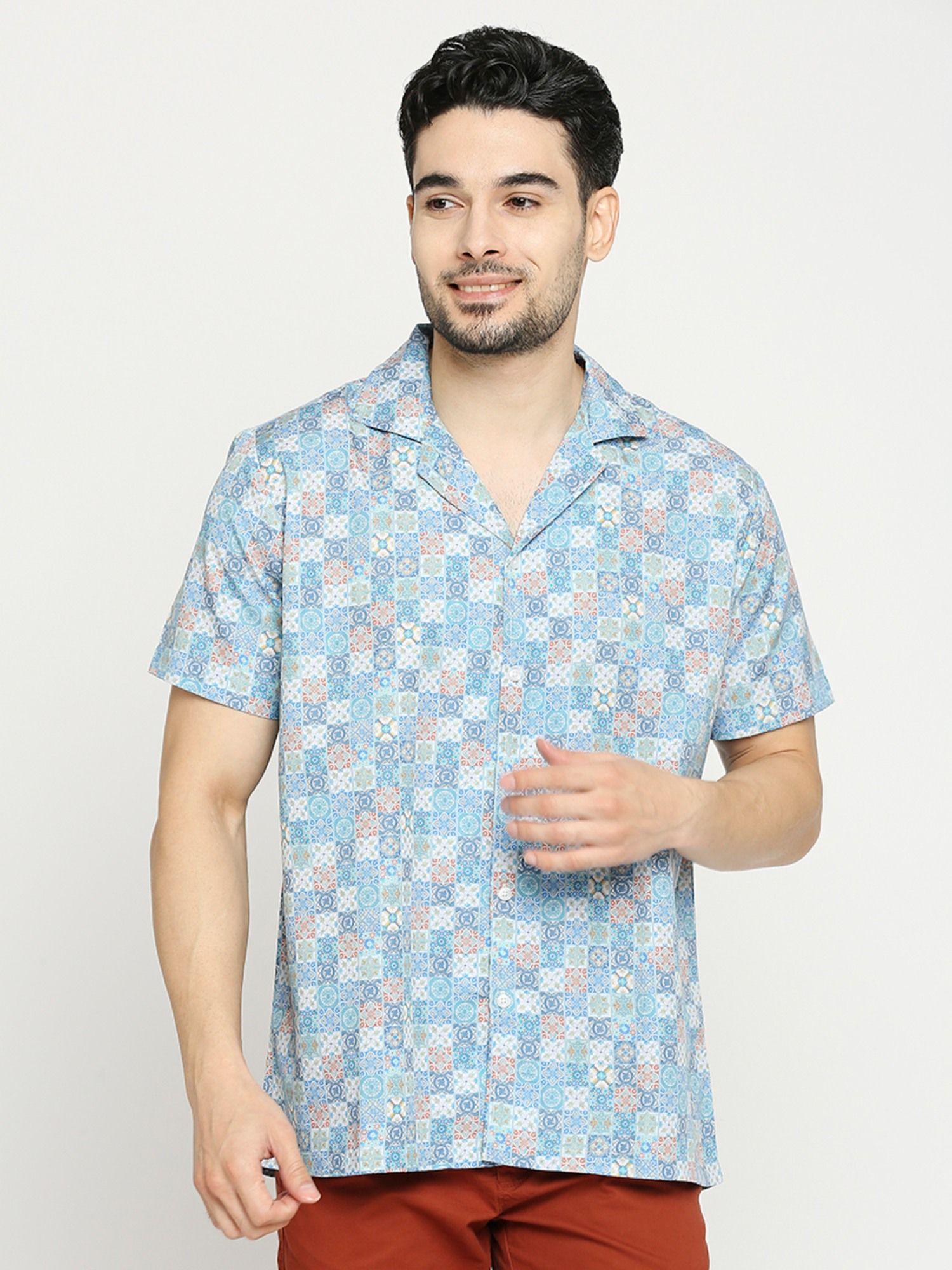 men's printed half sleeves regular fit cuban collar shirt