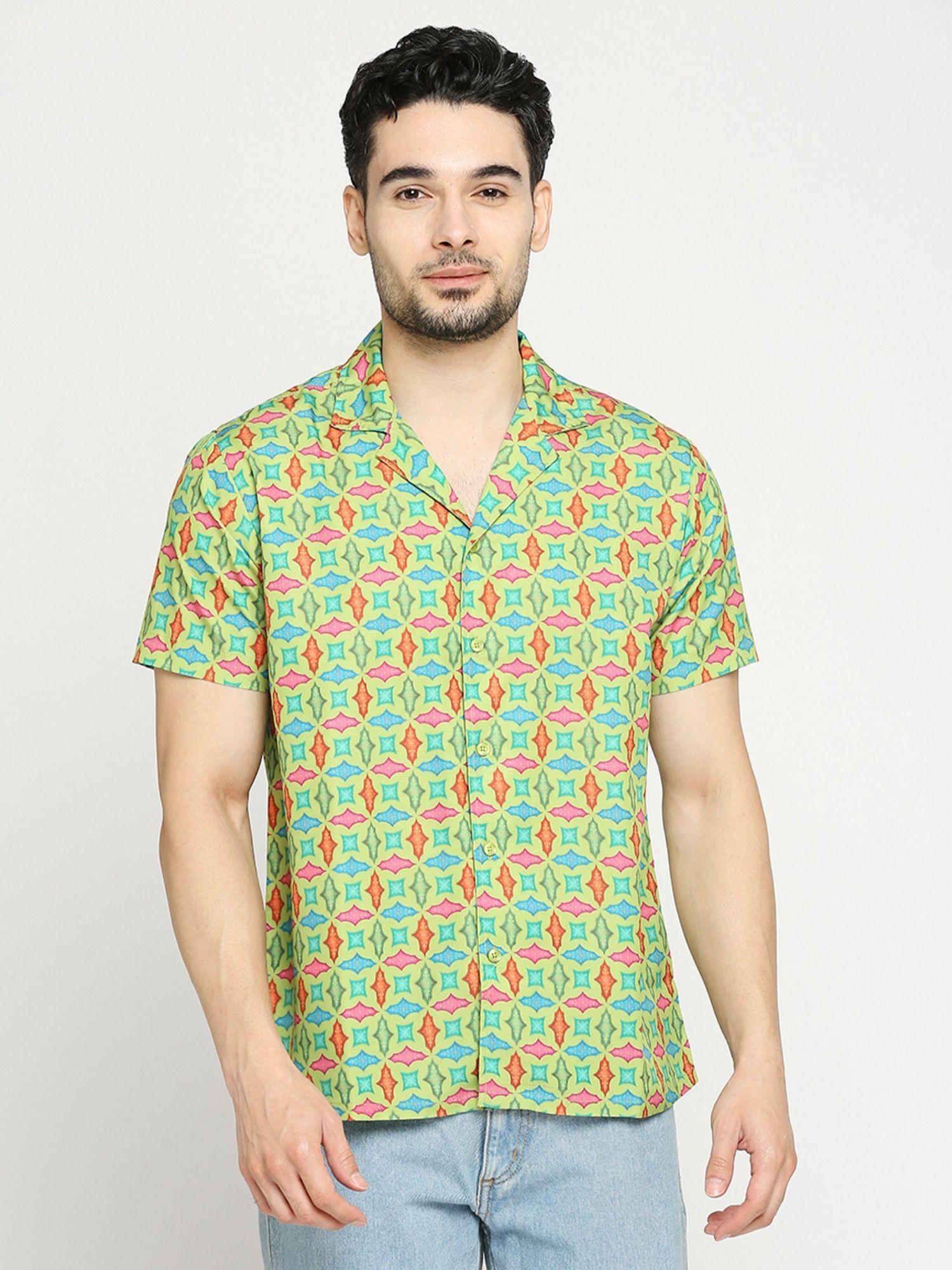men's printed half sleeves regular fit cuban collar shirt