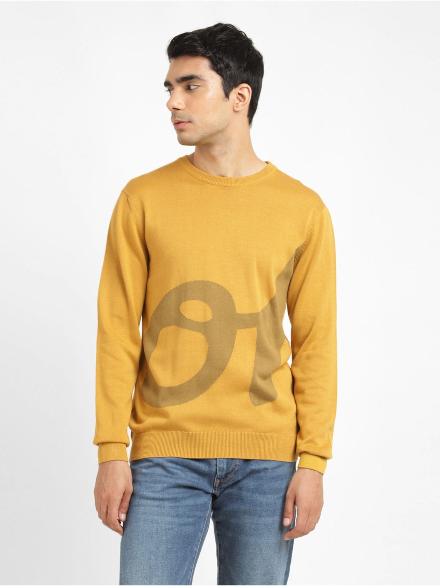 men's printed mustard crew neck sweater
