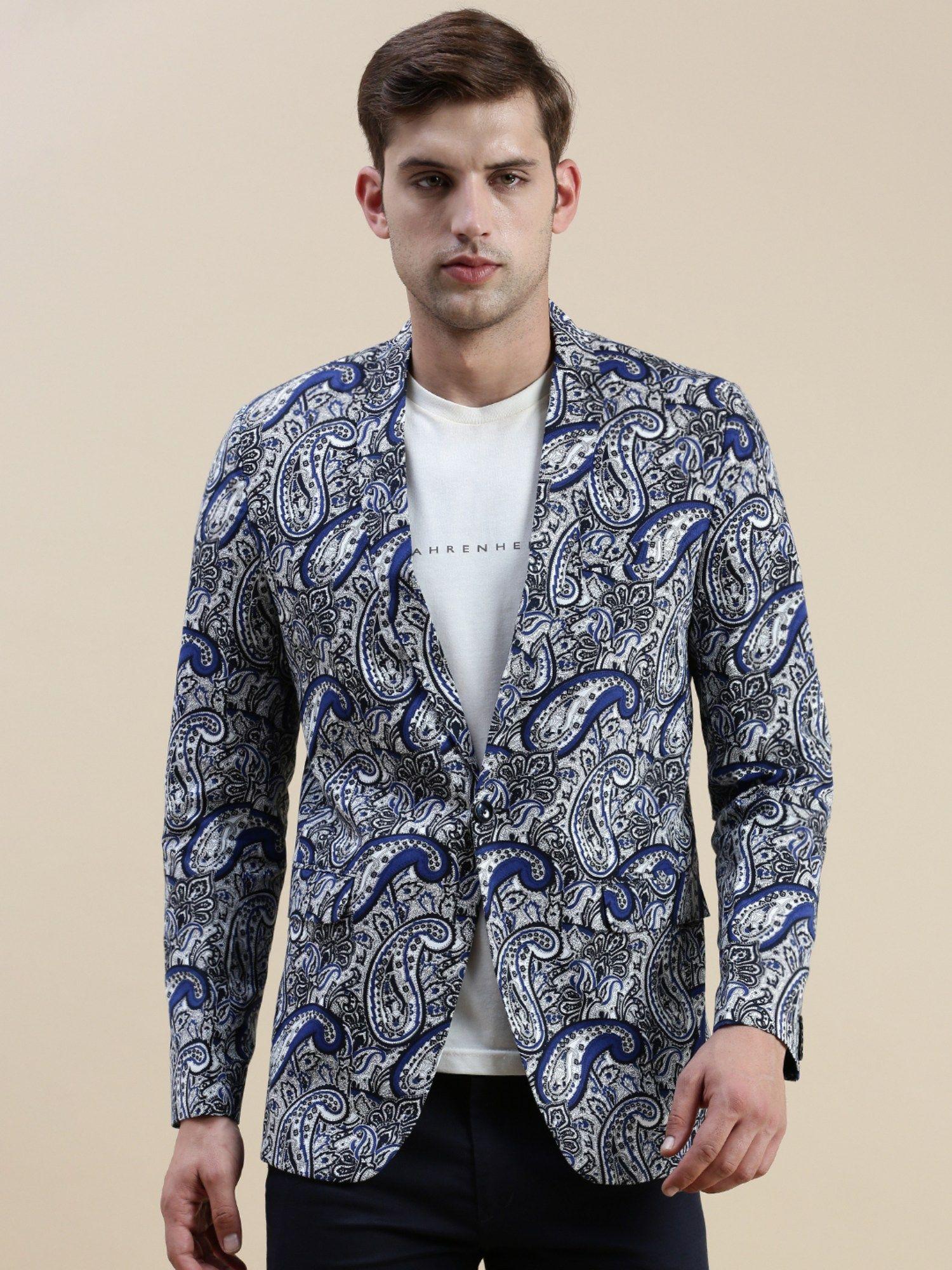 men's printed slim fit notched lapel blue single-breasted blazer