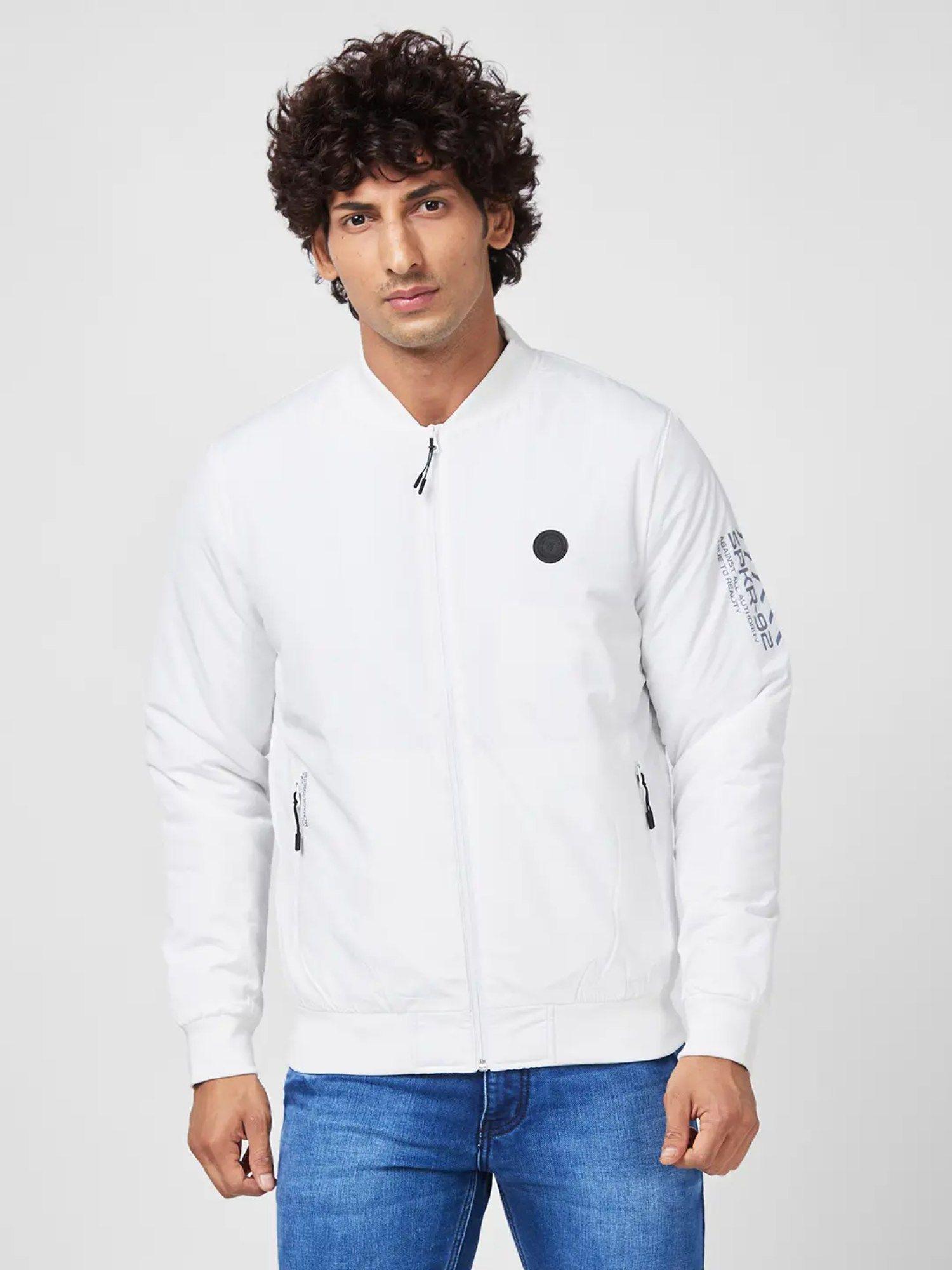 men's puffer jacket with sleeve & zipper pocket printed details