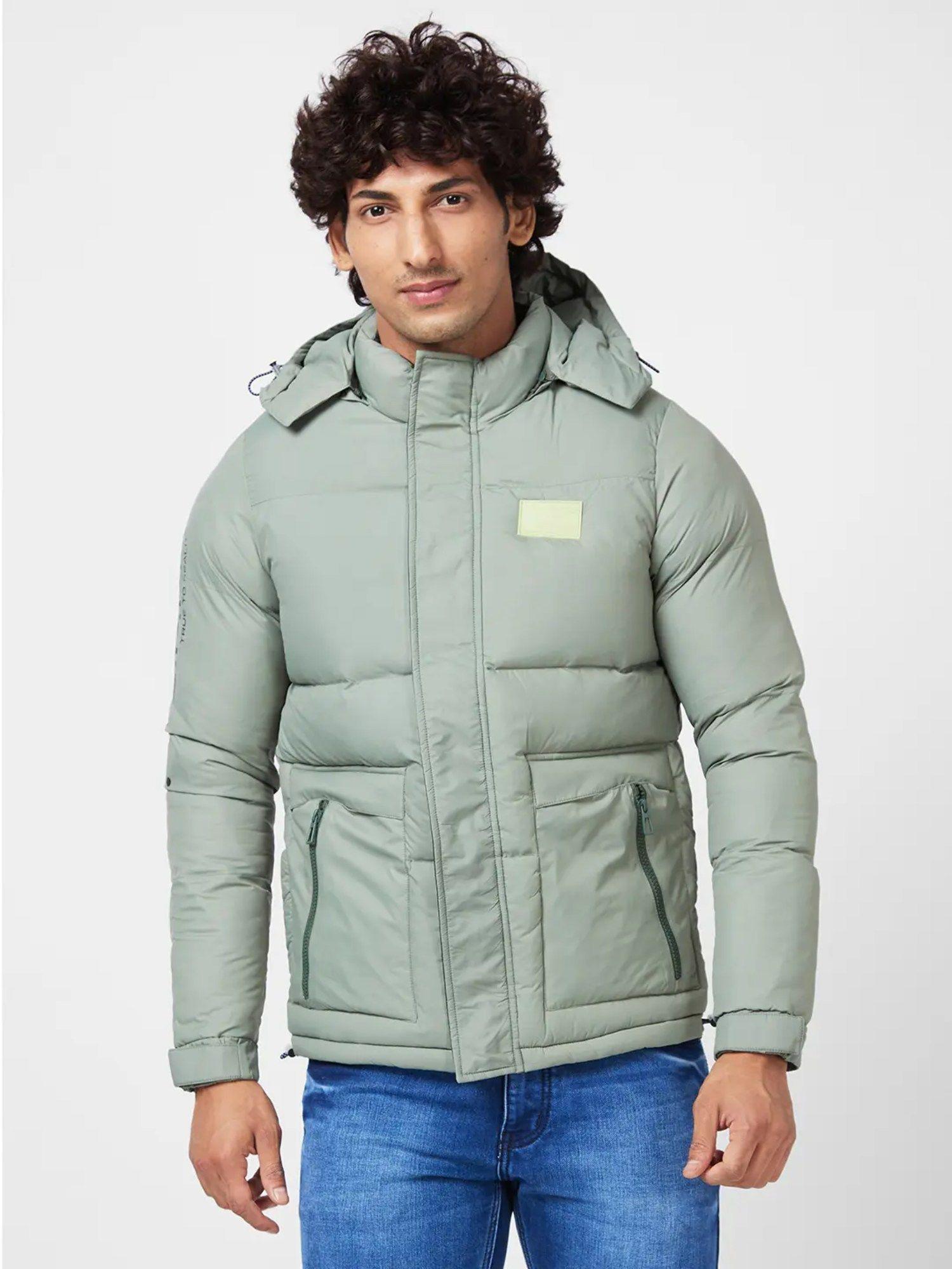 men's puffer jacket with zipper patch pocket & printed details on sleeves