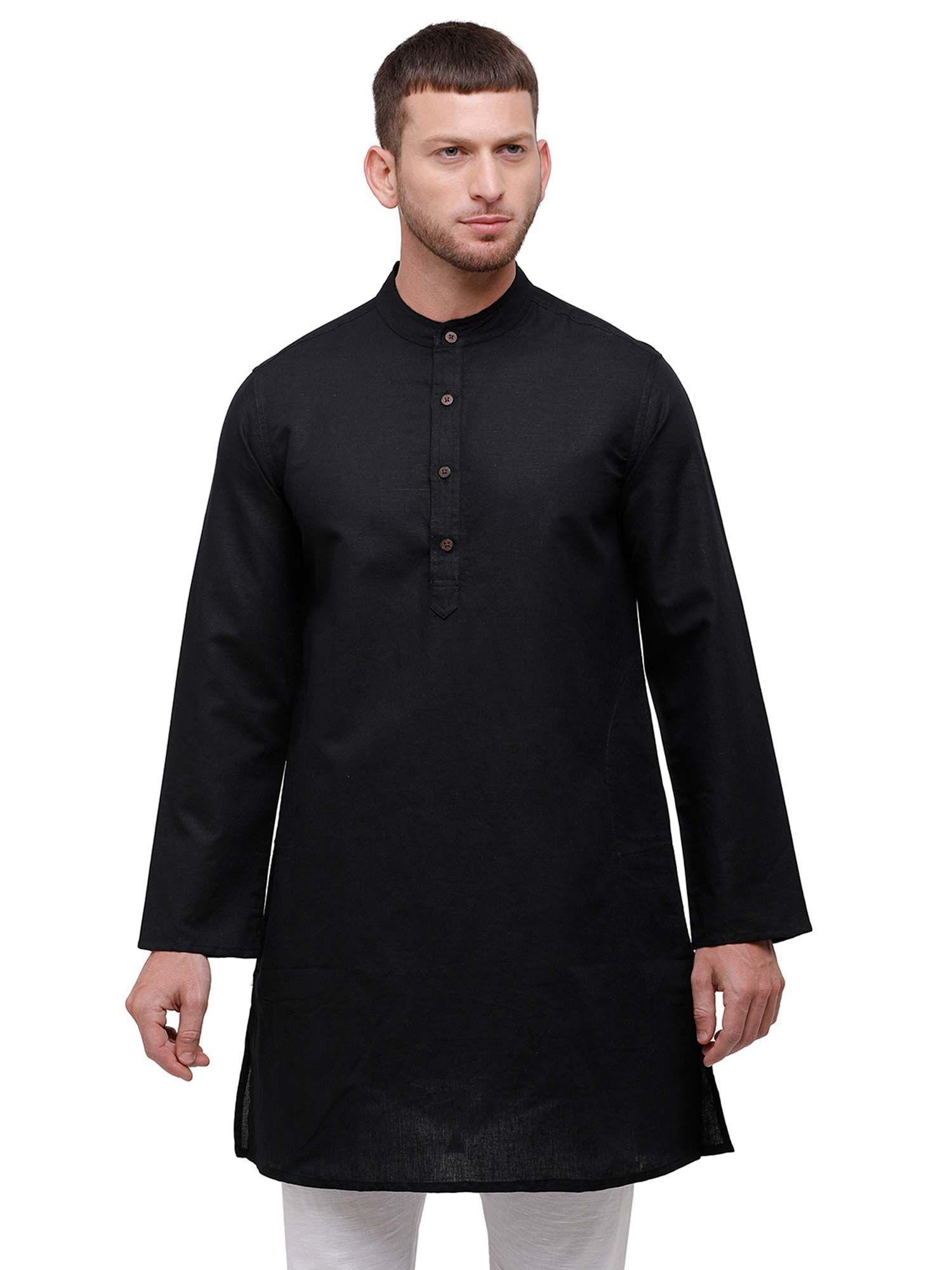 men's pure linen black solid full sleeve kurta