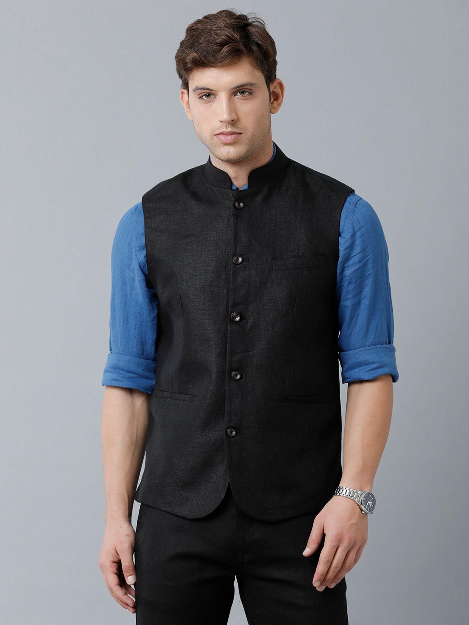 men's pure linen black solid nehru jacket