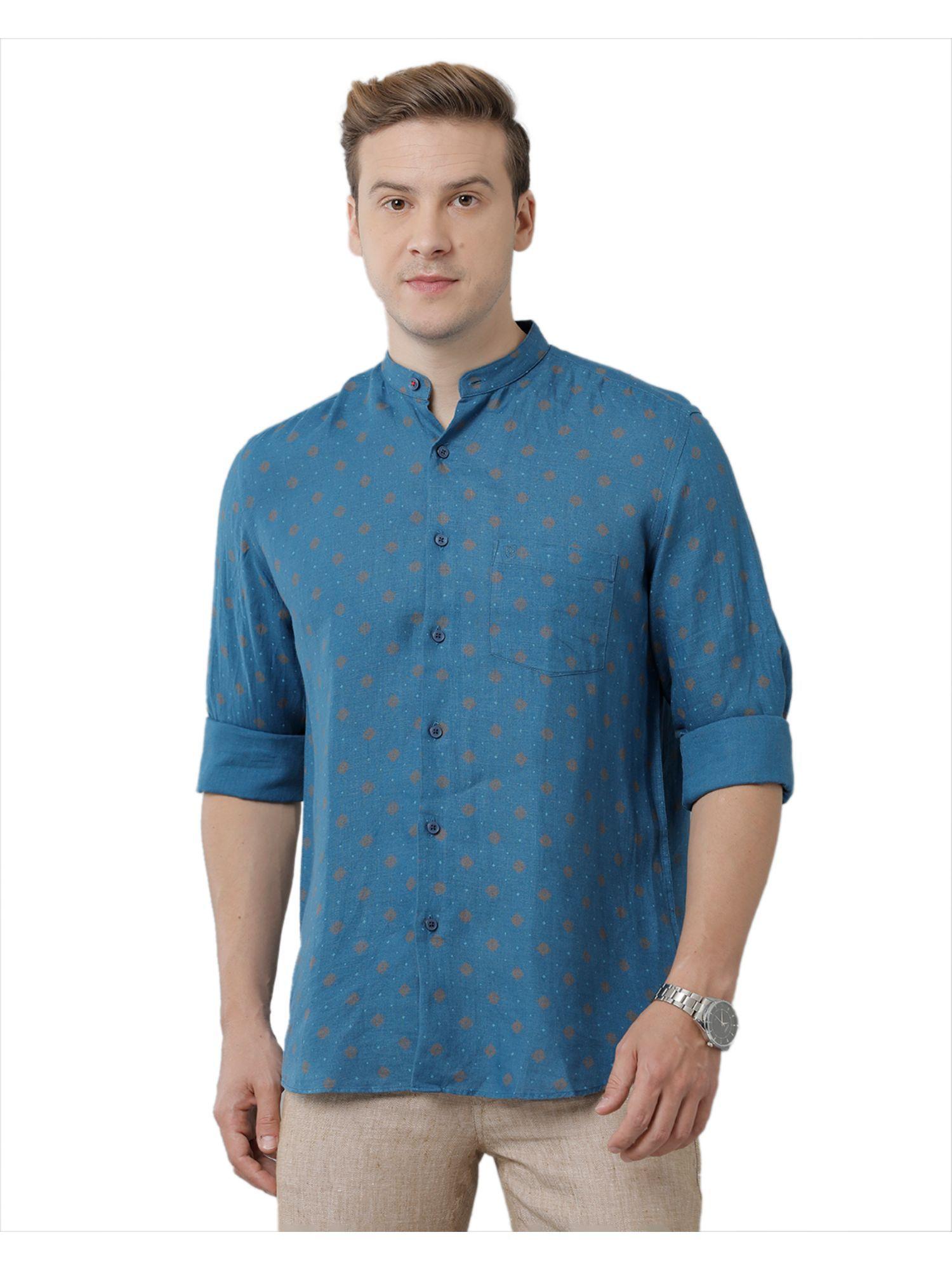 men's pure linen blue printed regular fit full sleeve casual shirt