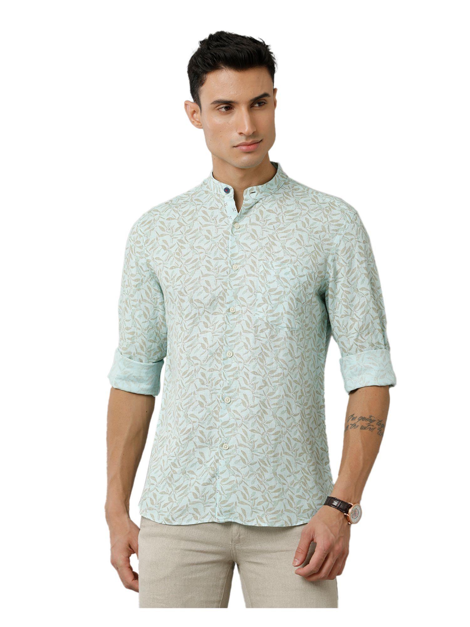 men's pure linen blue printed regular fit full sleeve casual shirt