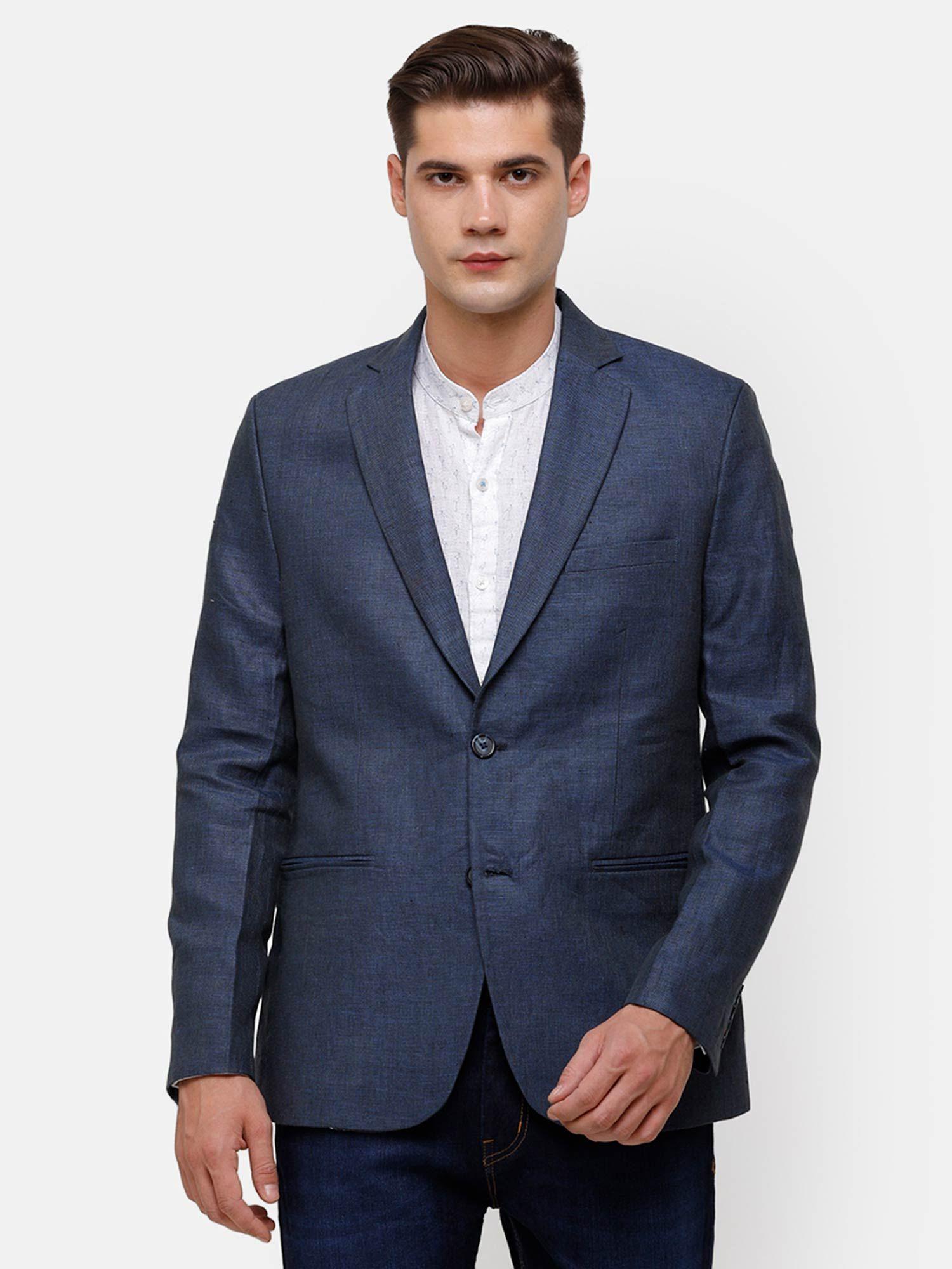 men's pure linen blue solid casual blazer