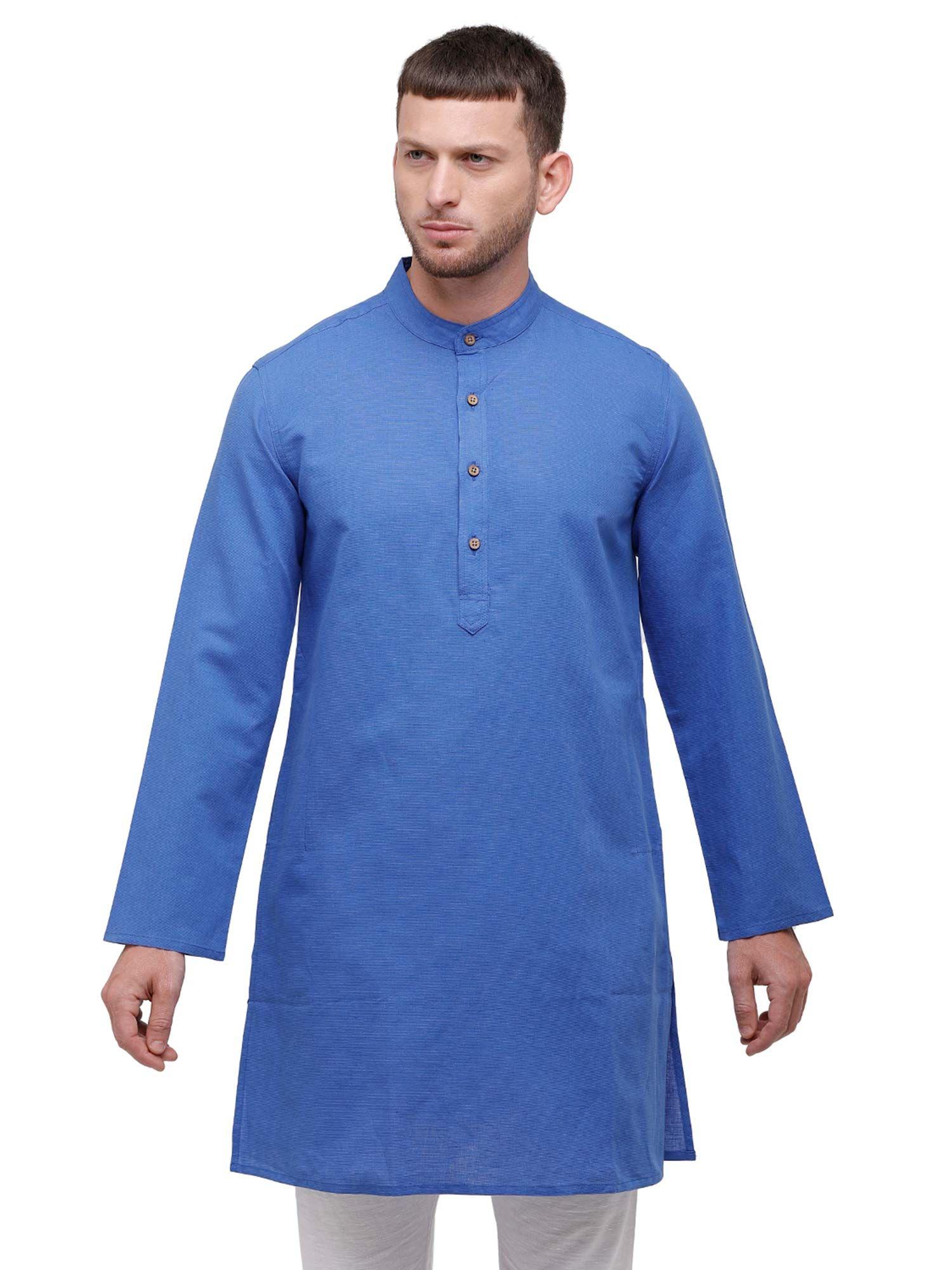 men's pure linen blue solid full sleeve kurta