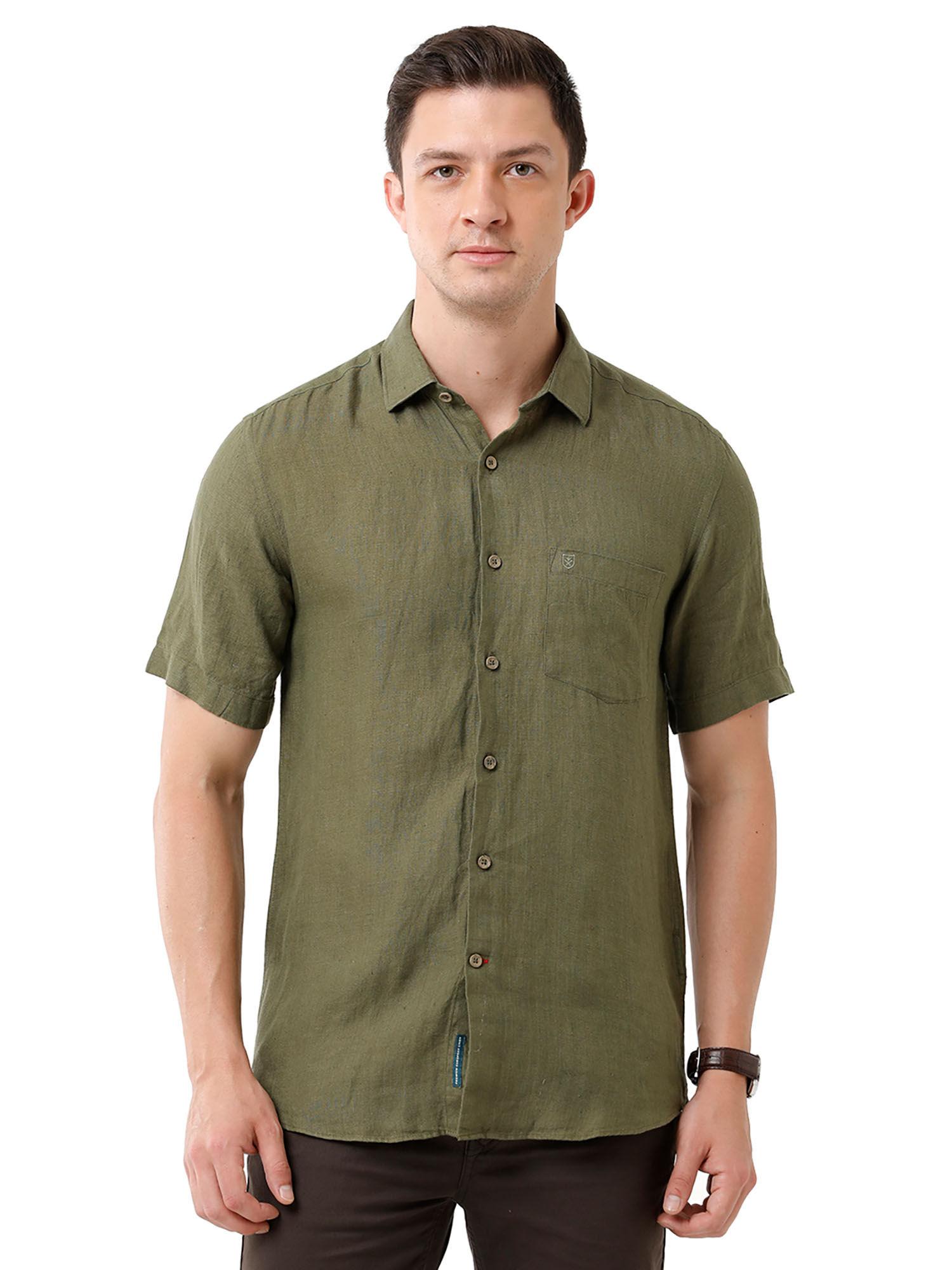 men's pure linen green chambray regular fit half sleeve casual shirt