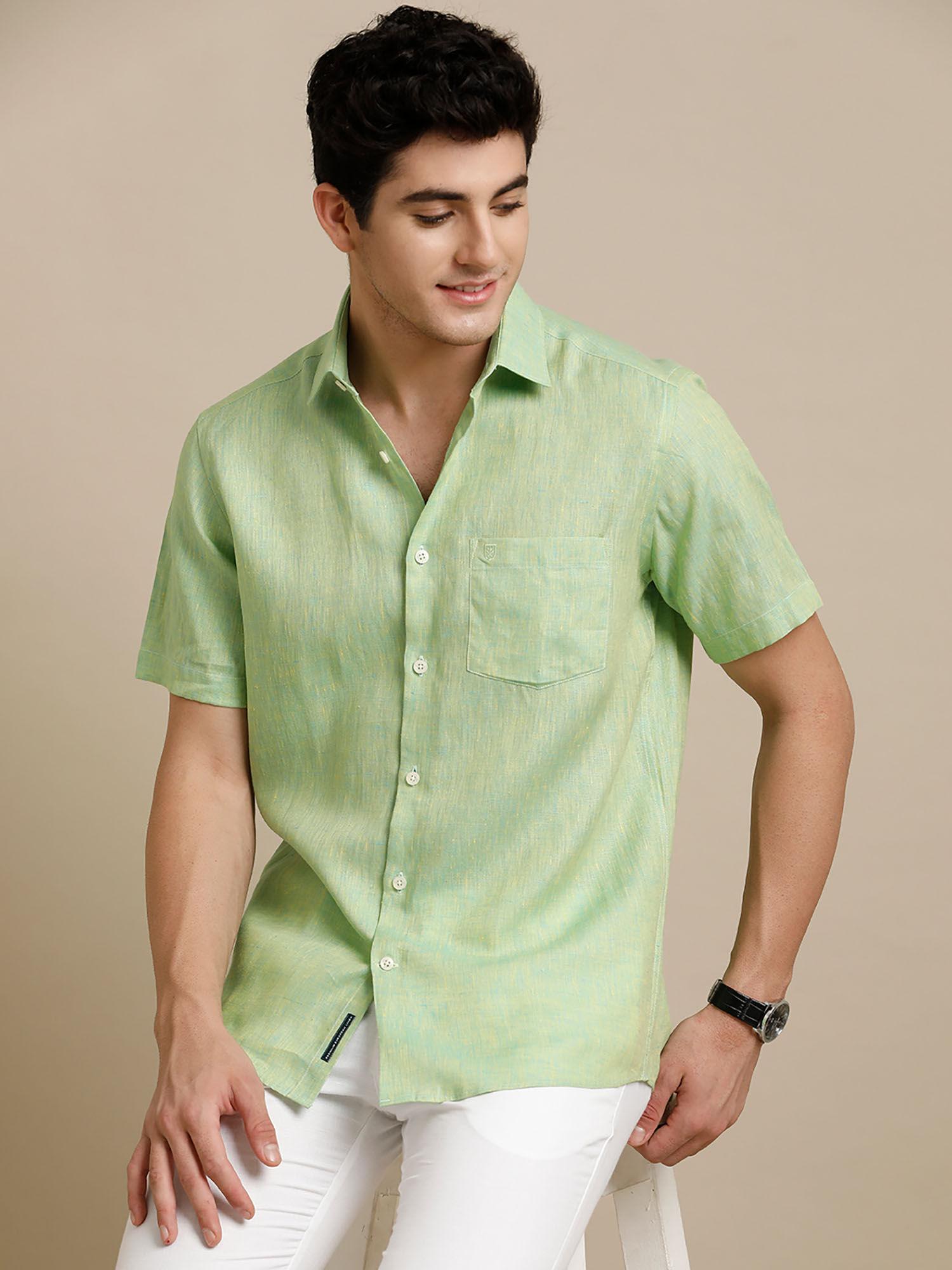men's pure linen green chambray regular fit half sleeve casual shirt