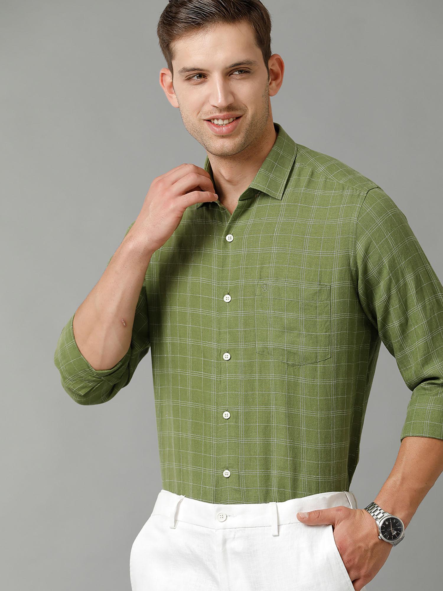 men's pure linen green checked regular fit full sleeve casual shirt