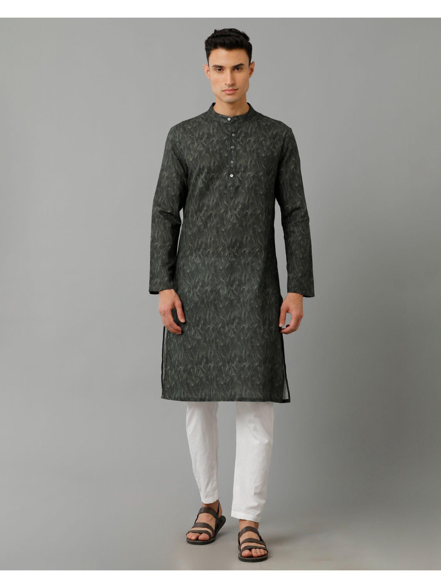 men's pure linen green printed full sleeve kurta