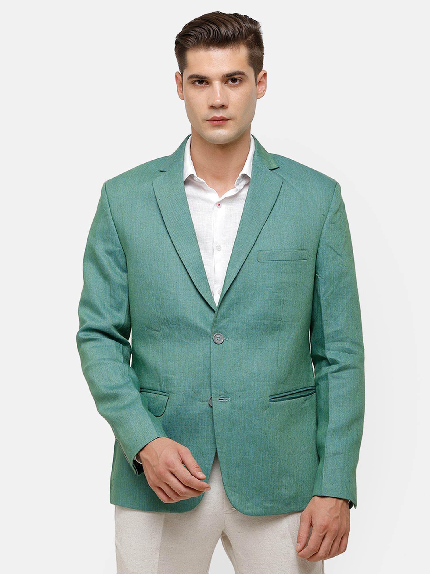 men's pure linen green solid casual blazer