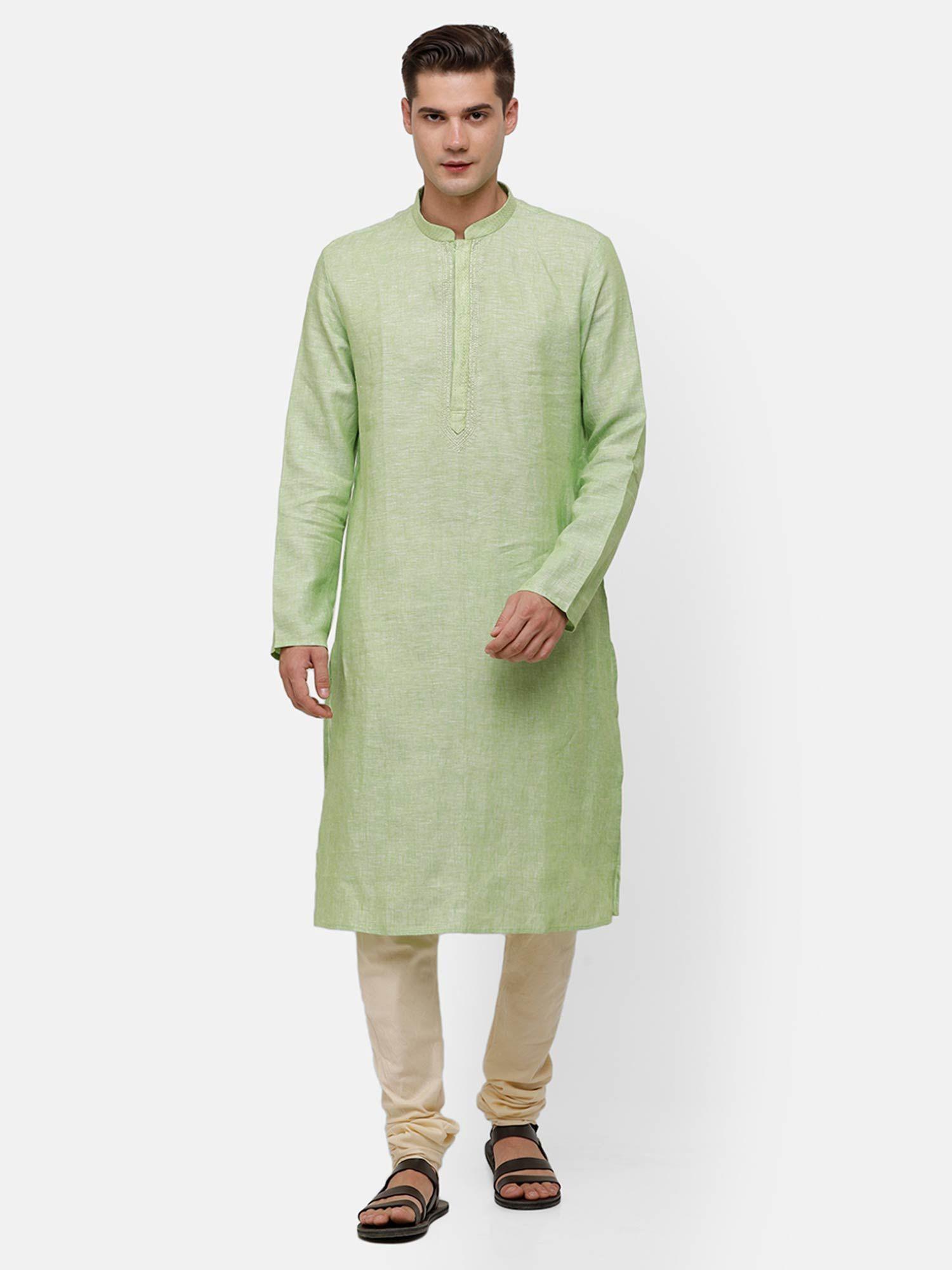 men's pure linen green solid full sleeve kurta