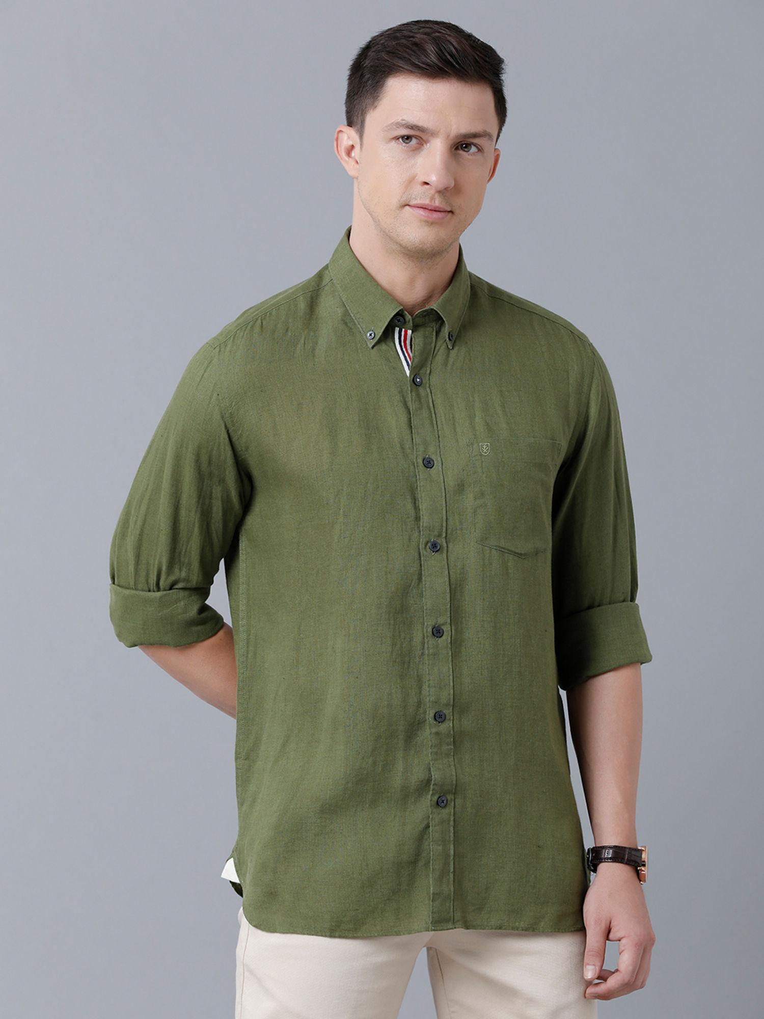 men's pure linen green solid regular fit full sleeve casual shirt