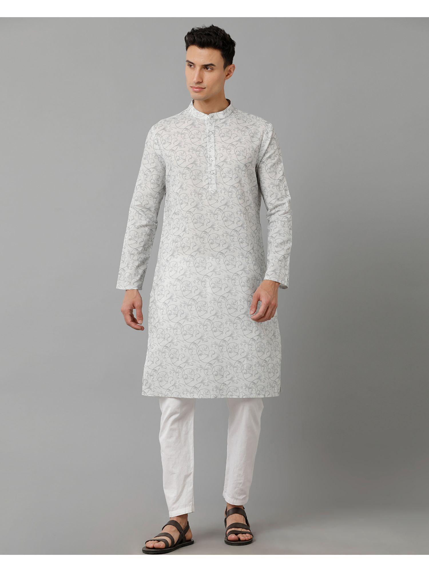 men's pure linen grey printed full sleeve kurta