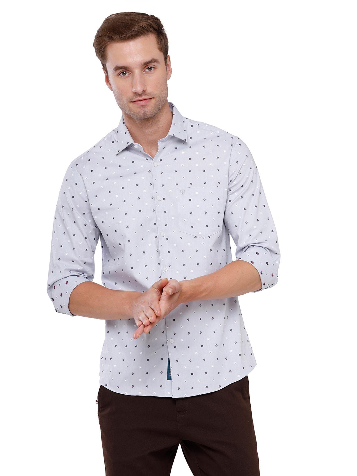 men's pure linen grey printed regular fit full sleeve casual shirt