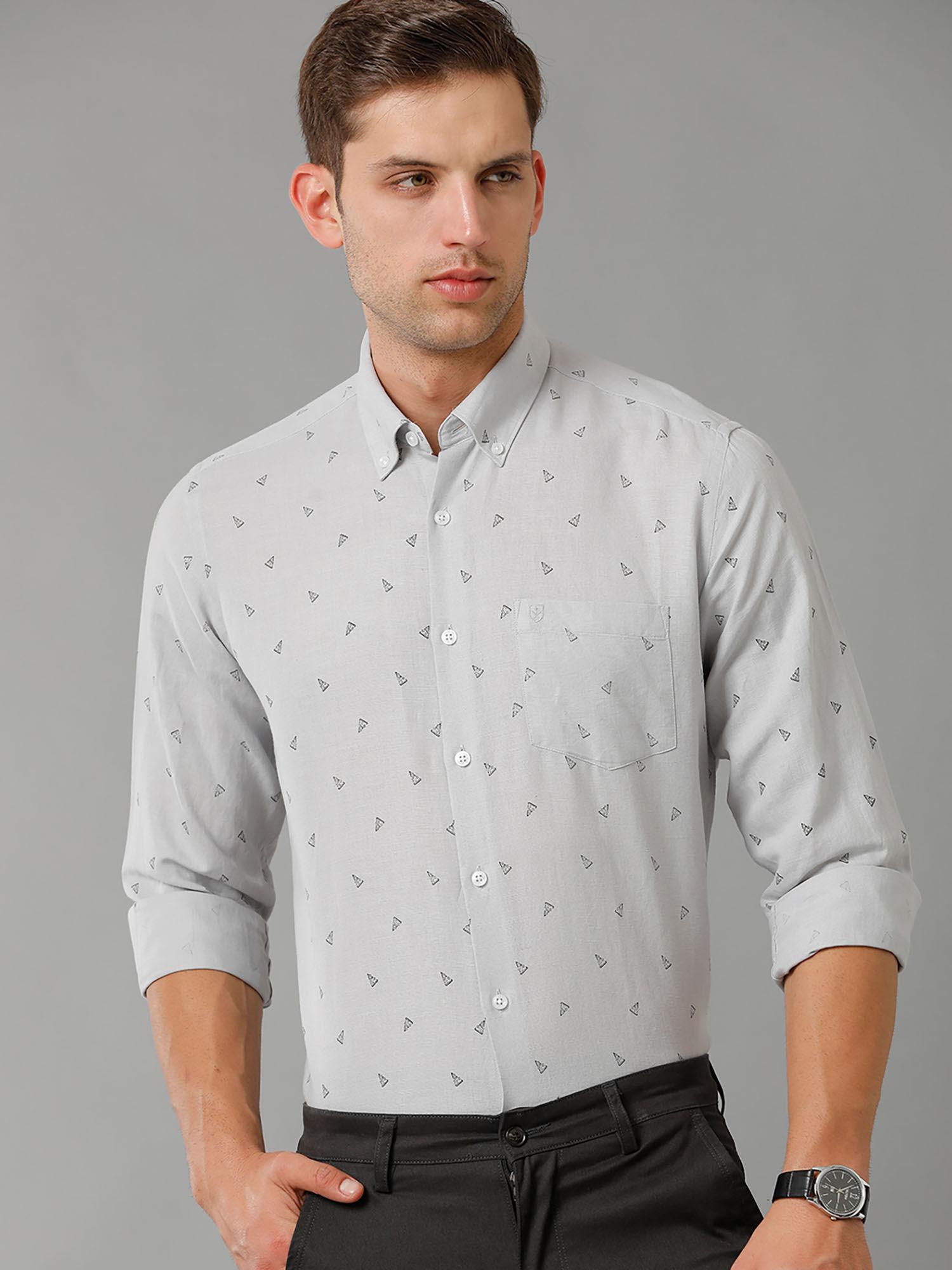 men's pure linen grey printed regular fit full sleeve casual shirt