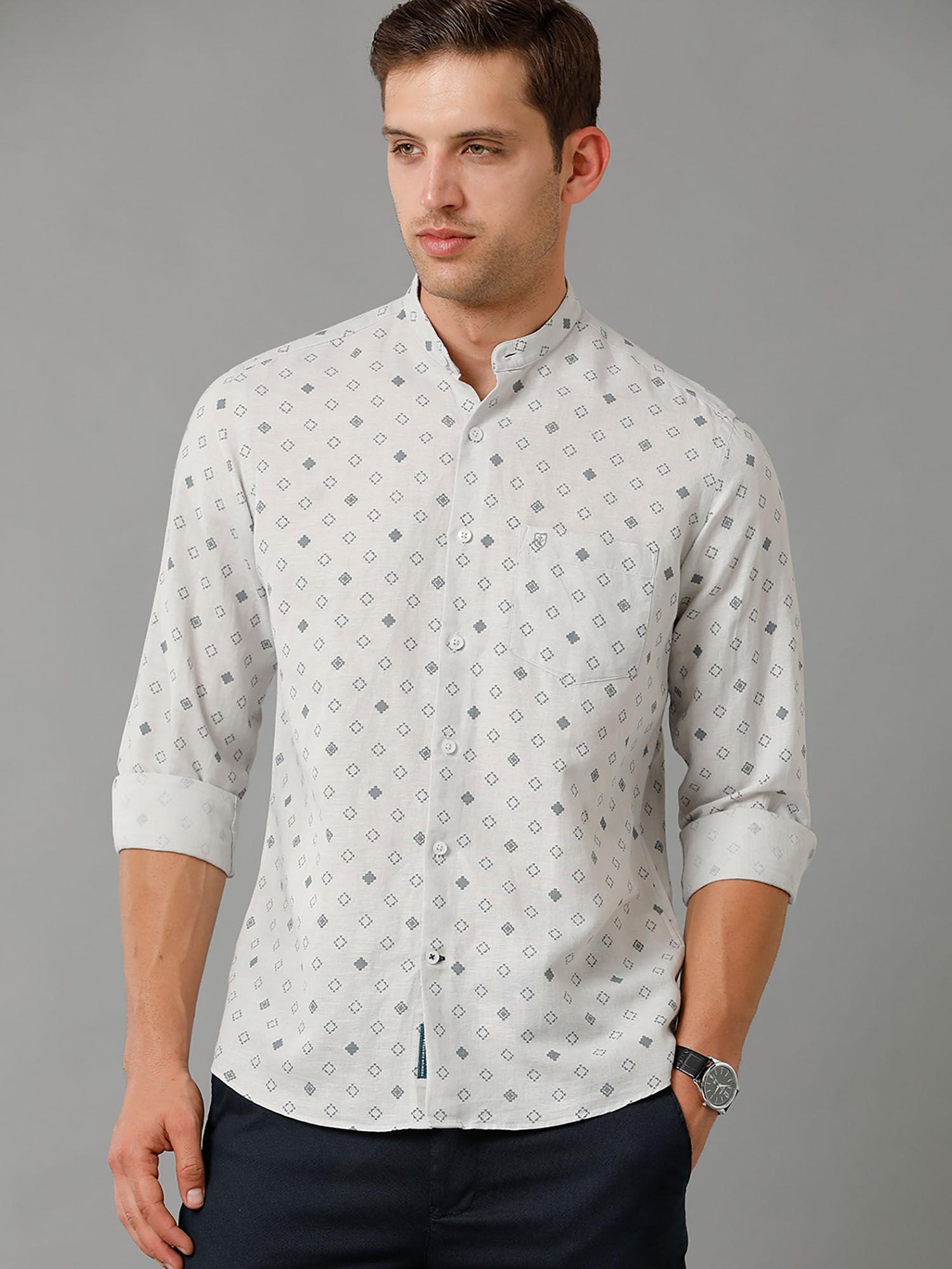 men's pure linen grey printed regular fit full sleeve casual shirt