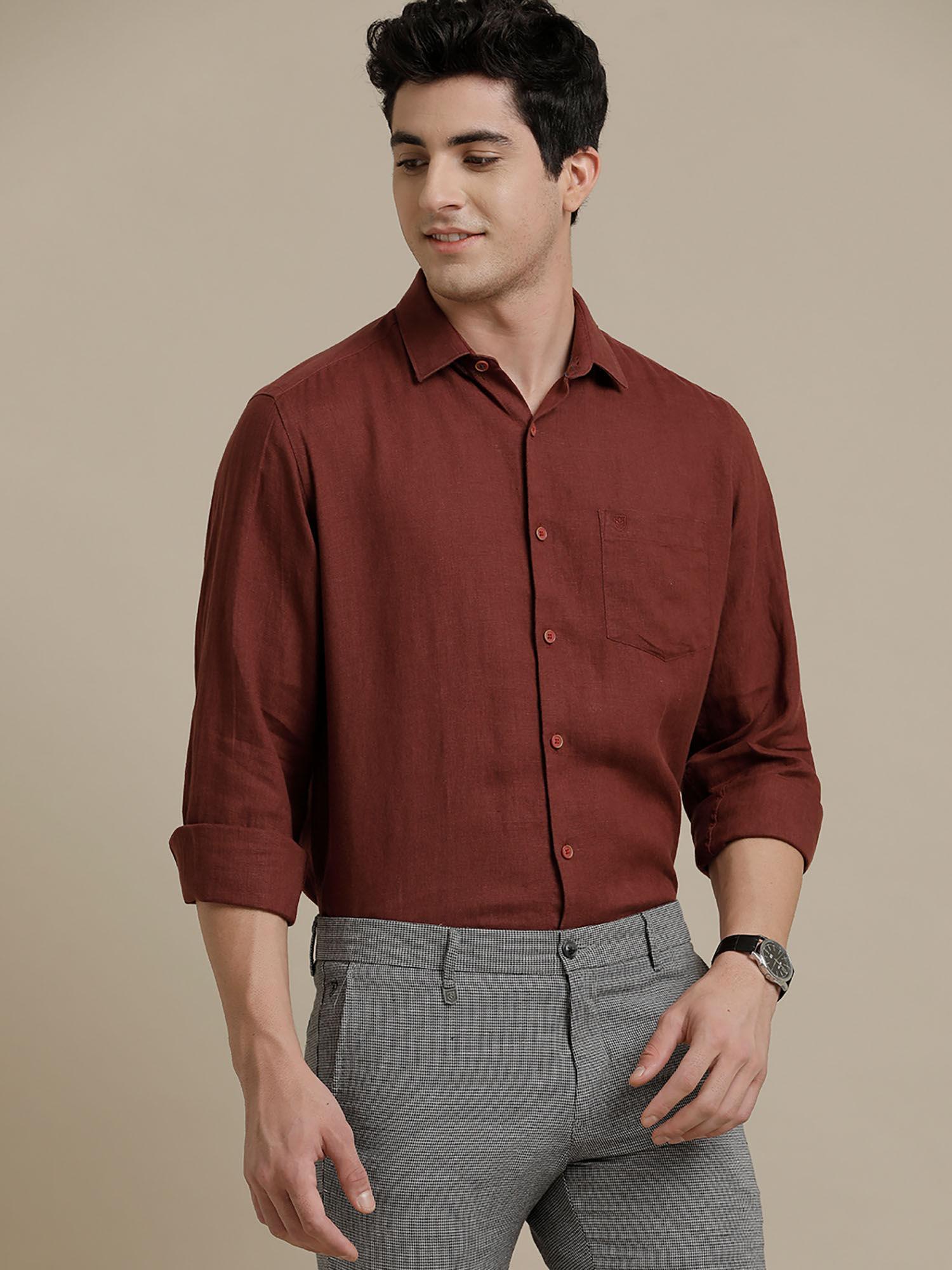 men's pure linen maroon solid regular fit full sleeve casual shirt