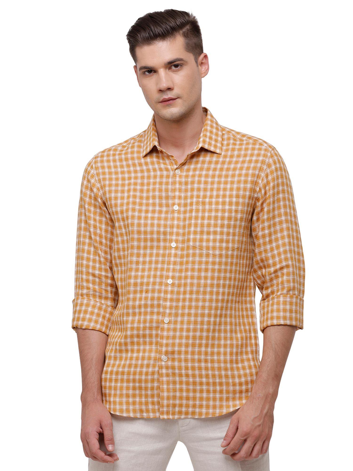 men's pure linen natural / brown checks regular fit full sleeve casual shirt