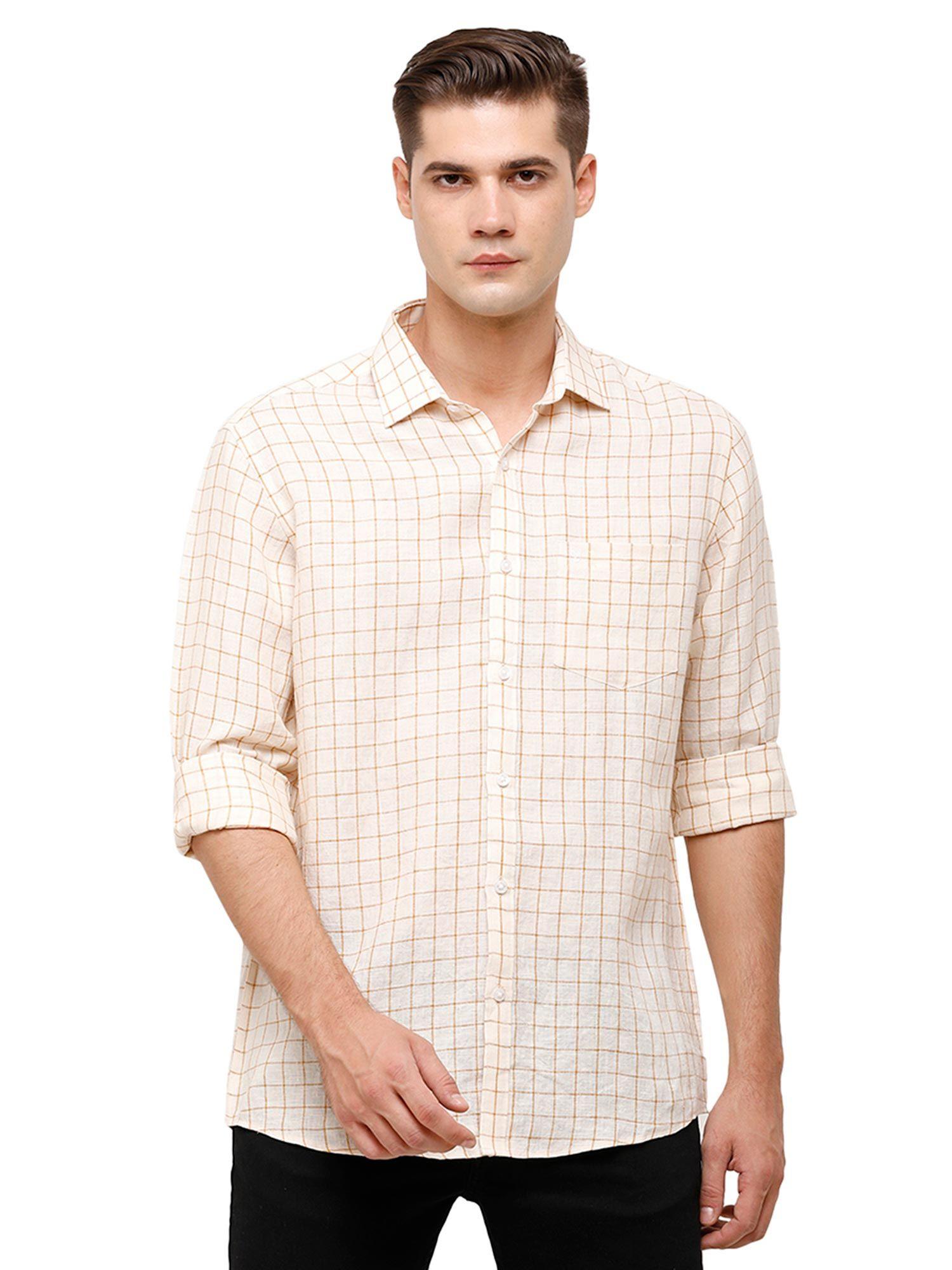 men's pure linen natural / brown checks regular fit full sleeve casual shirt