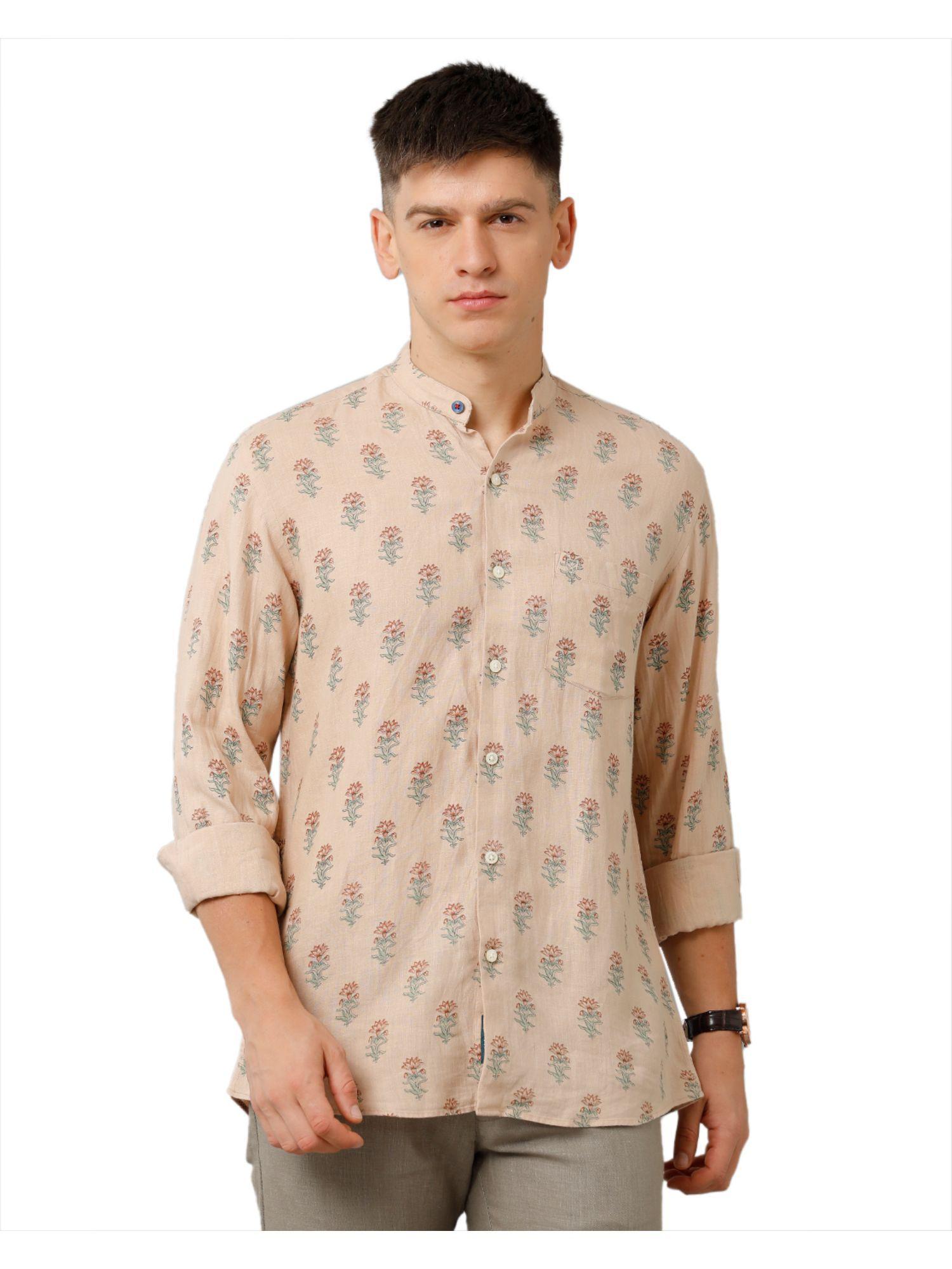men's pure linen natural / brown printed regular fit full sleeve casual shirt