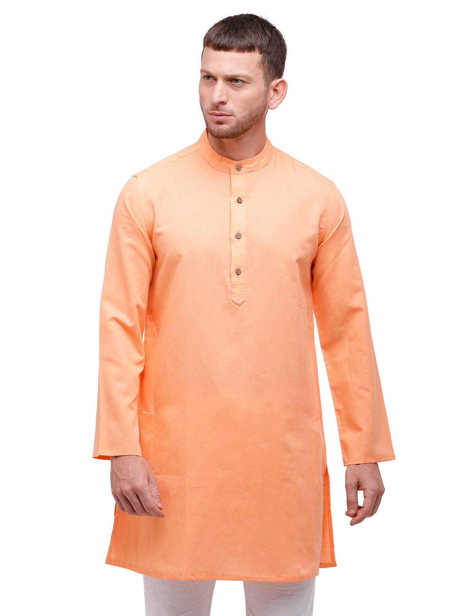 men's pure linen orange solid full sleeve kurta