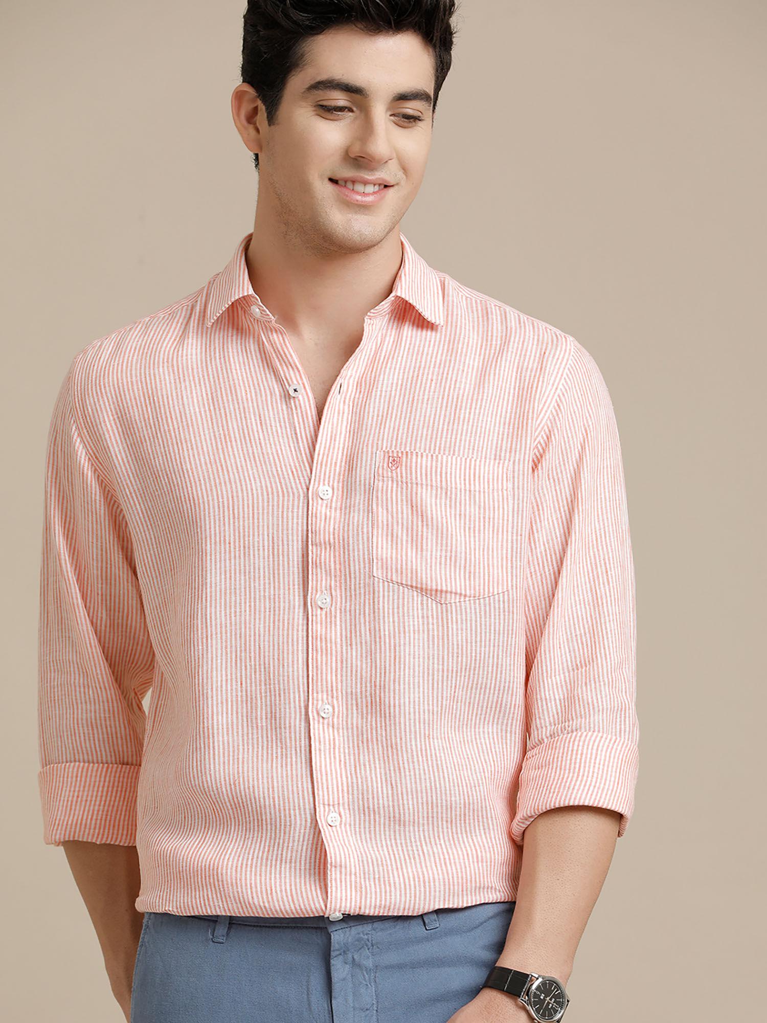 men's pure linen pink striped regular fit full sleeve casual shirt