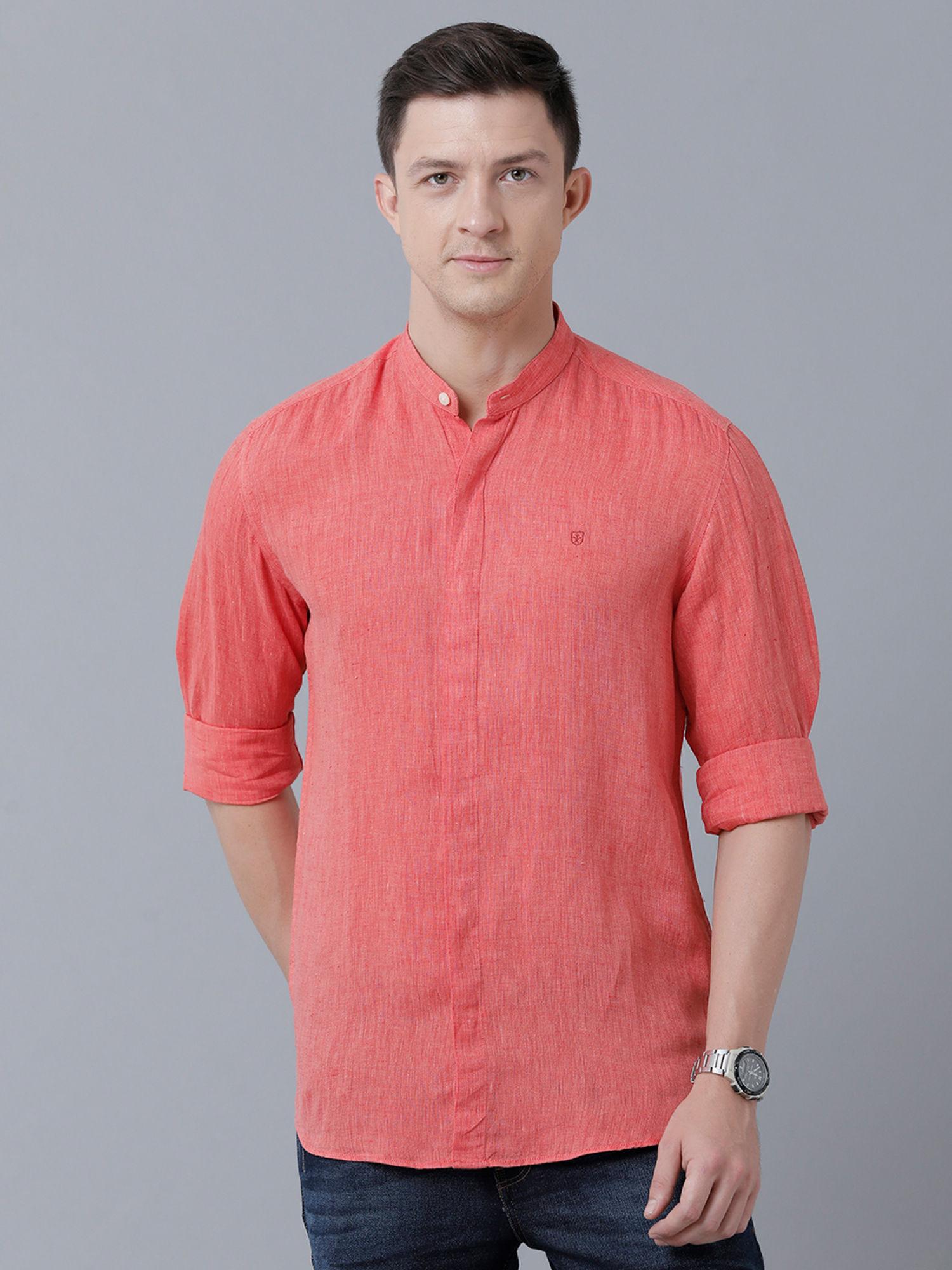 men's pure linen red chambray regular fit full sleeve casual shirt