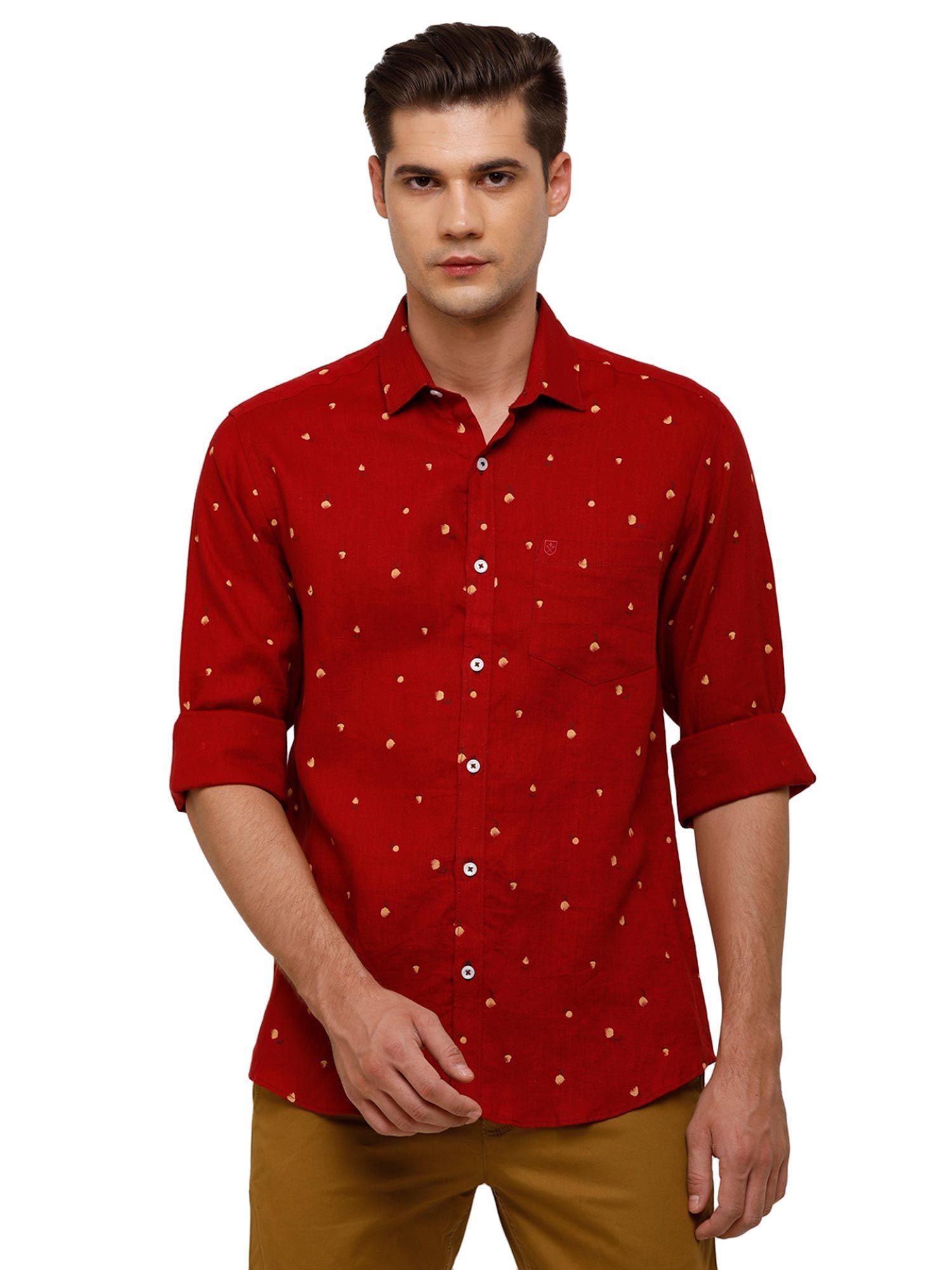 men's pure linen red printed regular fit full sleeve casual shirt